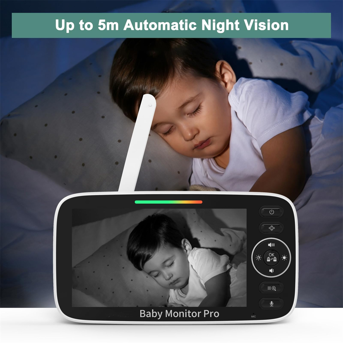 Babyphone zeigt schlafendes Baby im dunklen Raum. Text sagt Nachtsicht.