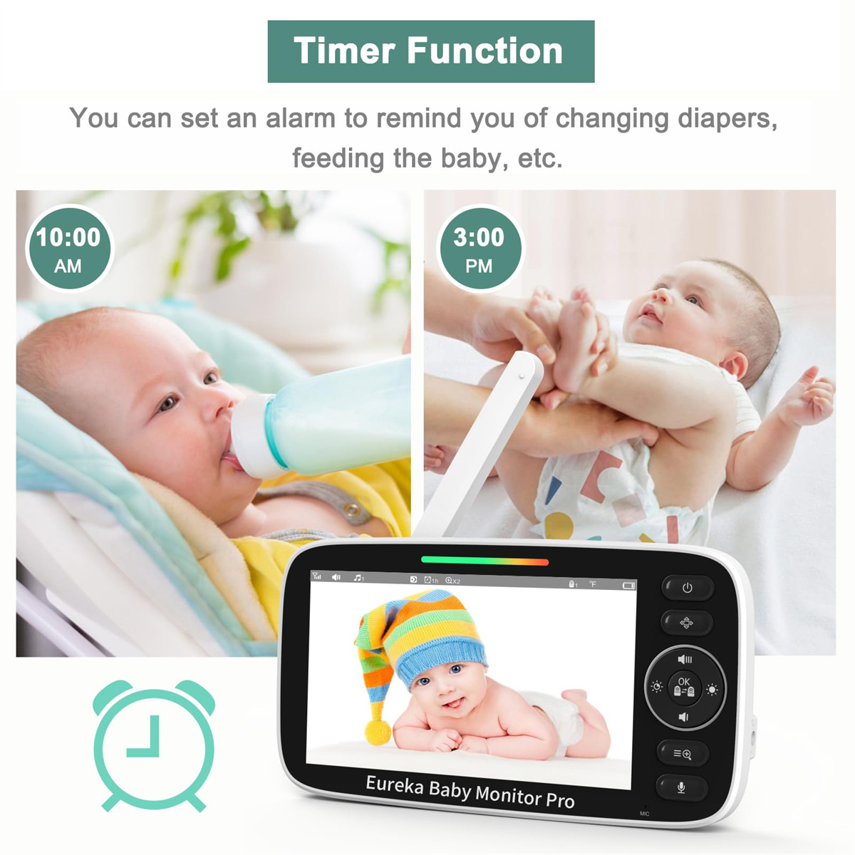 Babyphone-Bildschirm zeigt Baby. Text sagt Timer-Funktion und zwei Bilder eines Babys.