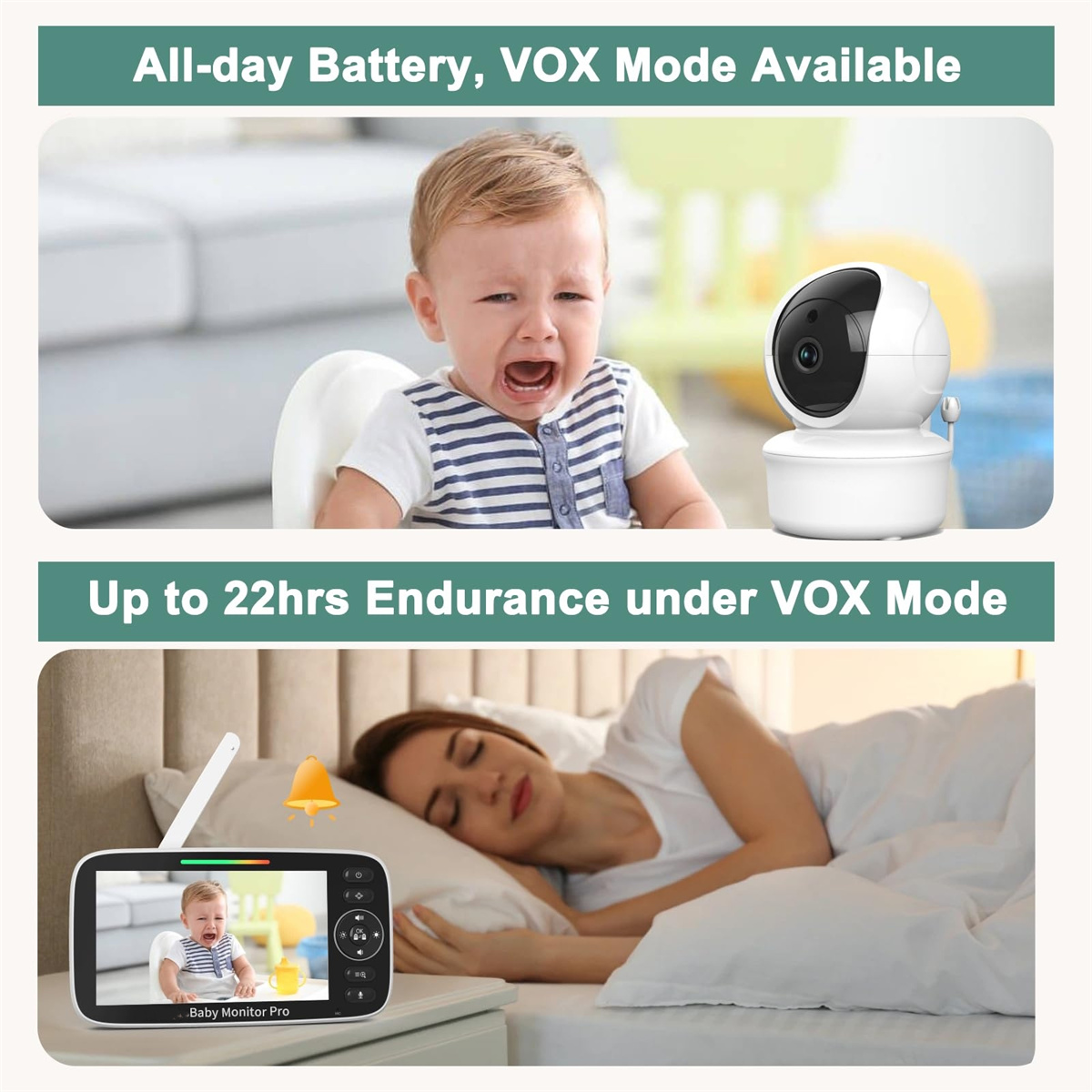 Babyphone mit weinendem Baby und schlafender Frau. Text: Ganztägige Batterie, VOX-Modus.