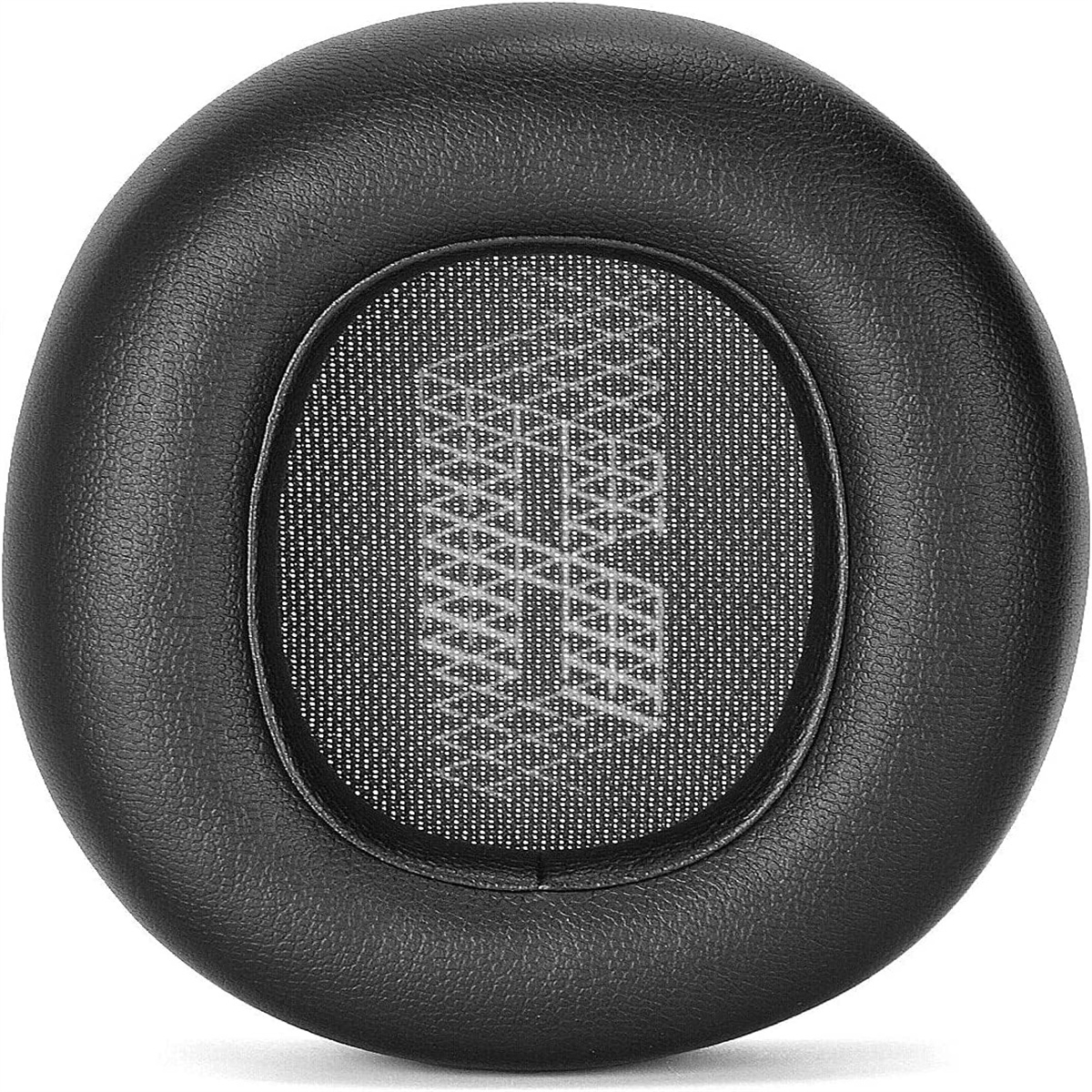 Nahaufnahme eines schwarzen Kopfhörer-Ohrpolsters. JBL-Logo in der Mitte.