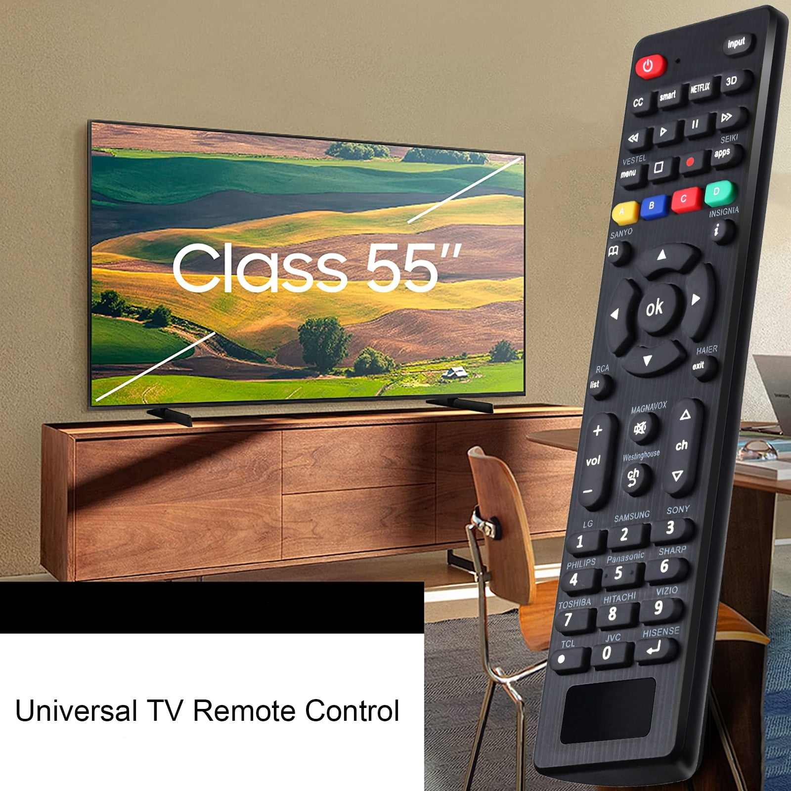 Schwarze Universalfernbedienung neben einem 55-Zoll-Fernseher. Ein Holzschrank und ein Stuhl sind im Bild.