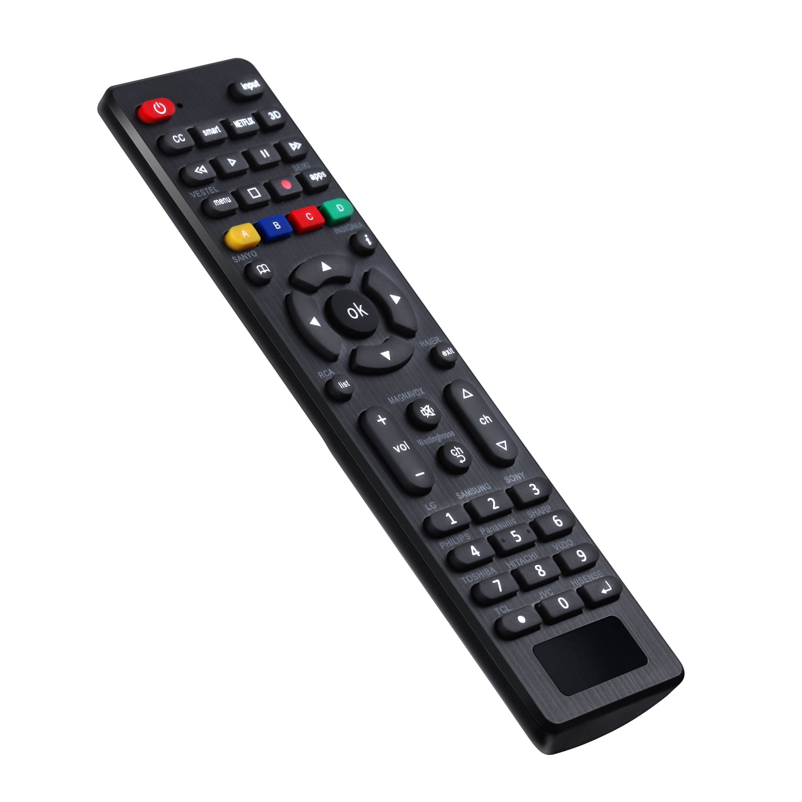 Schwarze TV-Fernbedienung mit mehreren Tasten und Beschriftungen für verschiedene Funktionen. Die Fernbedienung ist isoliert.