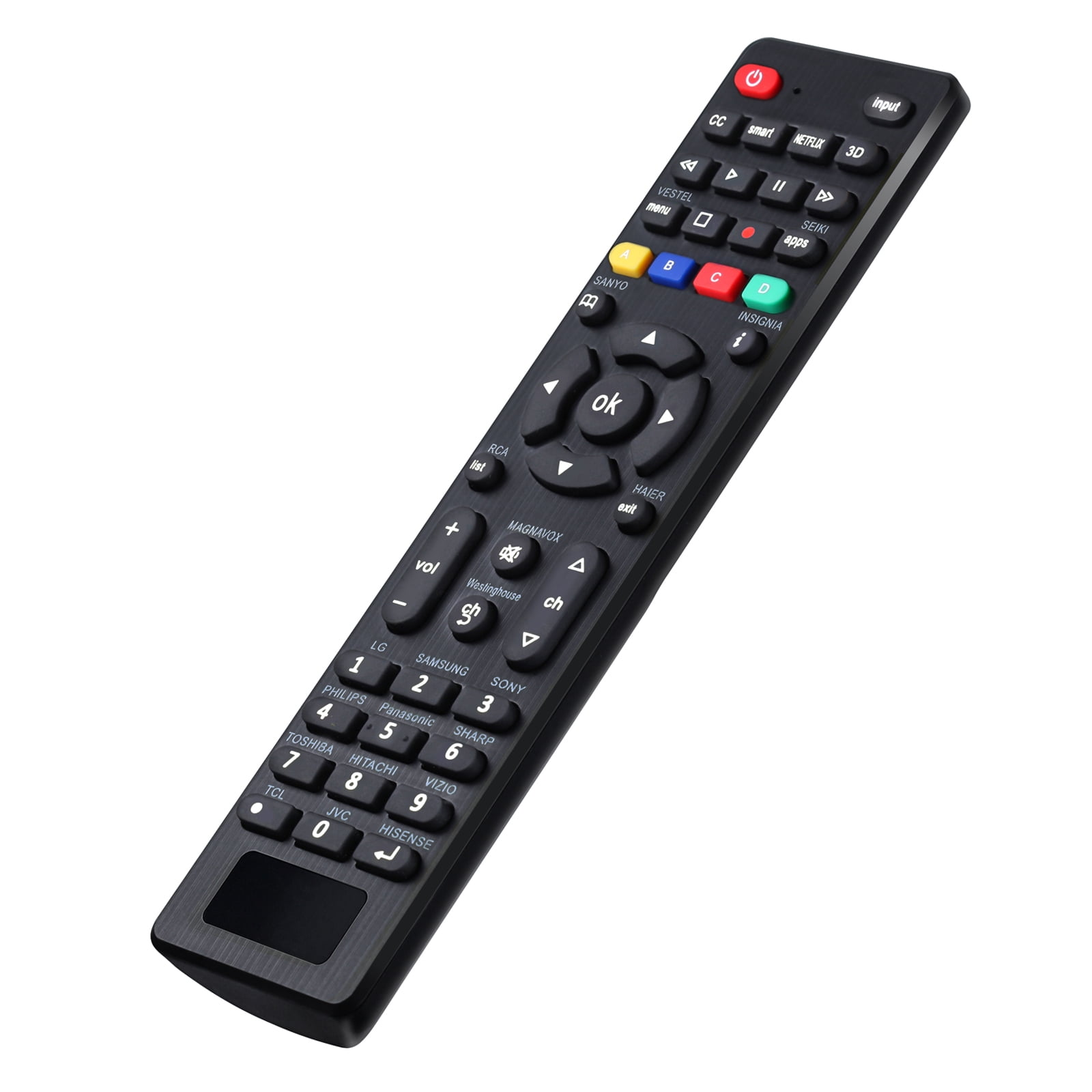 Schwarze Universal-TV-Fernbedienung mit vielen Tasten. Markennamen sind aufgedruckt.
