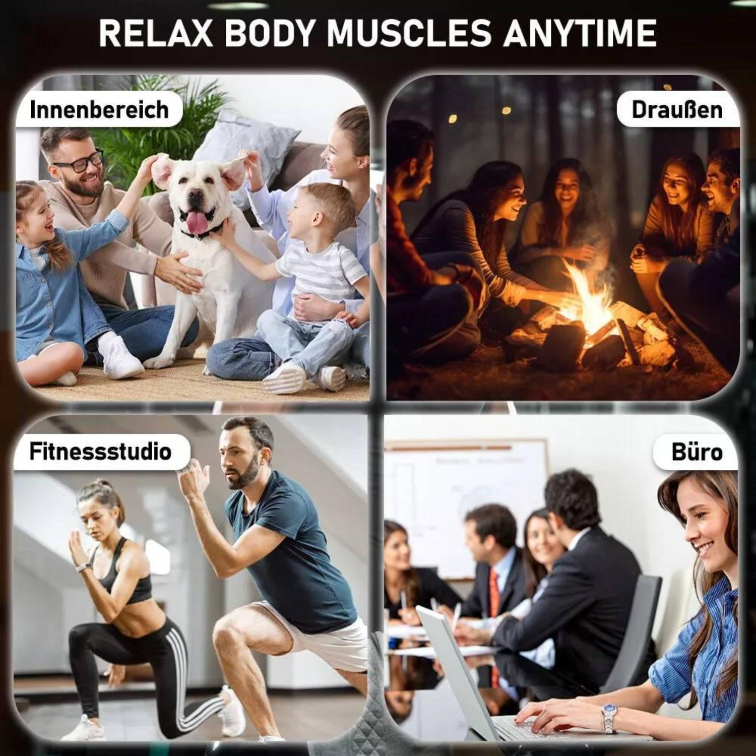Fotos, die Menschen zeigen, die sich in verschiedenen Umgebungen entspannen: Zuhause, im Freien, im Fitnessstudio, im Büro.