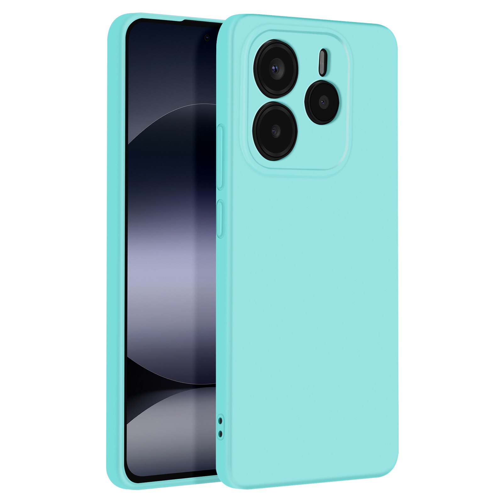 Una custodia per telefono azzurra con il telefono all'interno. Sono visibili tre obiettivi della fotocamera.