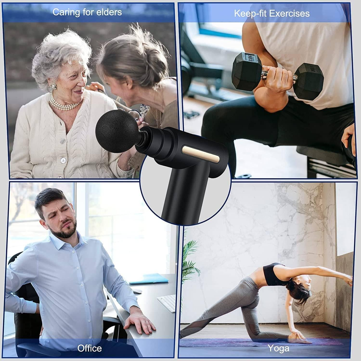 Bild zeigt Massagepistole mit Szenen von Altenpflege, Bewegung, Büroarbeit und Yoga.