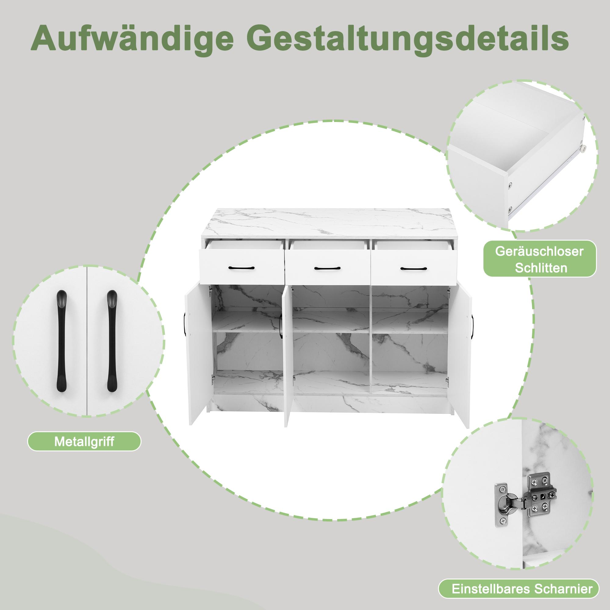 Nahaufnahme eines weißen Küchenschranks mit Marmor-Finish, zeigt Details wie Griffe, Scharniere und Schubladenschienen.