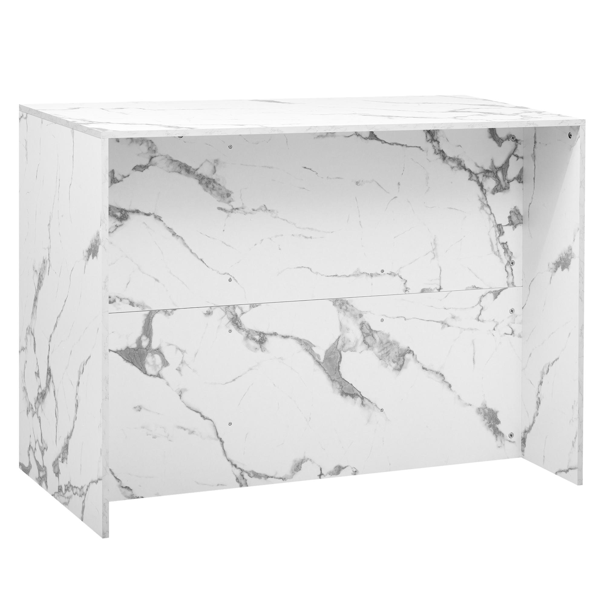 Ein weißer Schrank mit Marmormuster, Vorderansicht, mit sauberem Design und einfacher Struktur.