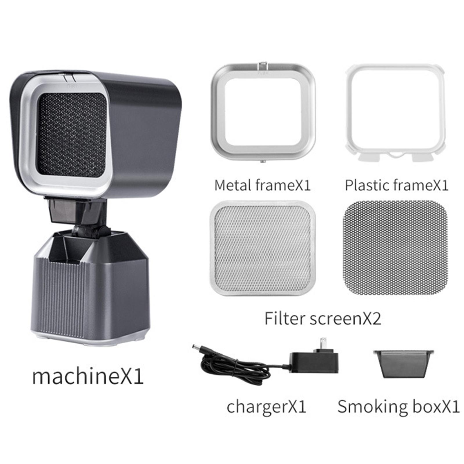 Maschine und Teile: Maschine, Metallrahmen, Kunststoffrahmen, Filter, Ladegerät und Rauchbox.