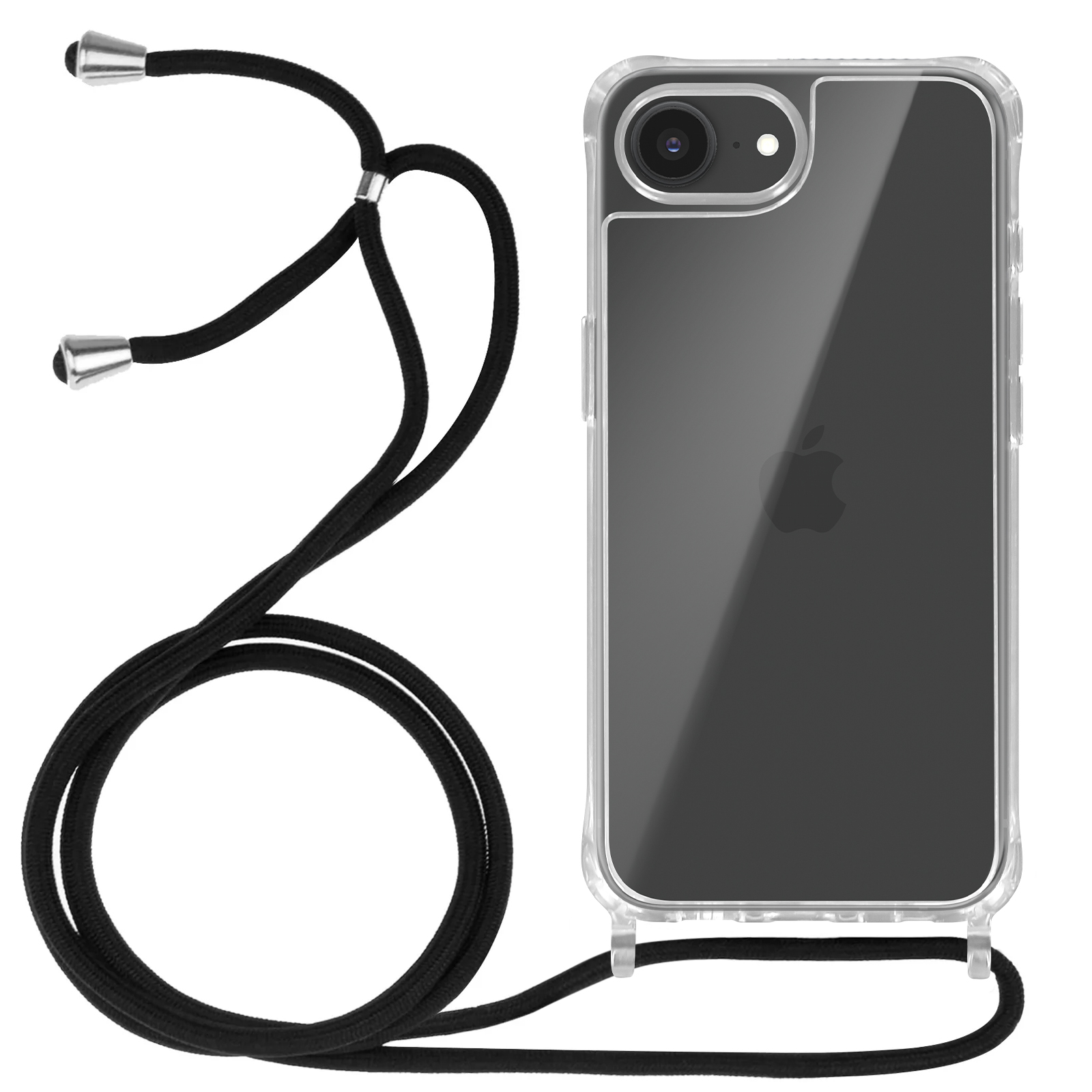 Coque transparente avec lanière noire. Téléphone avec logo Apple noir. Embouts argentés sur la lanière.