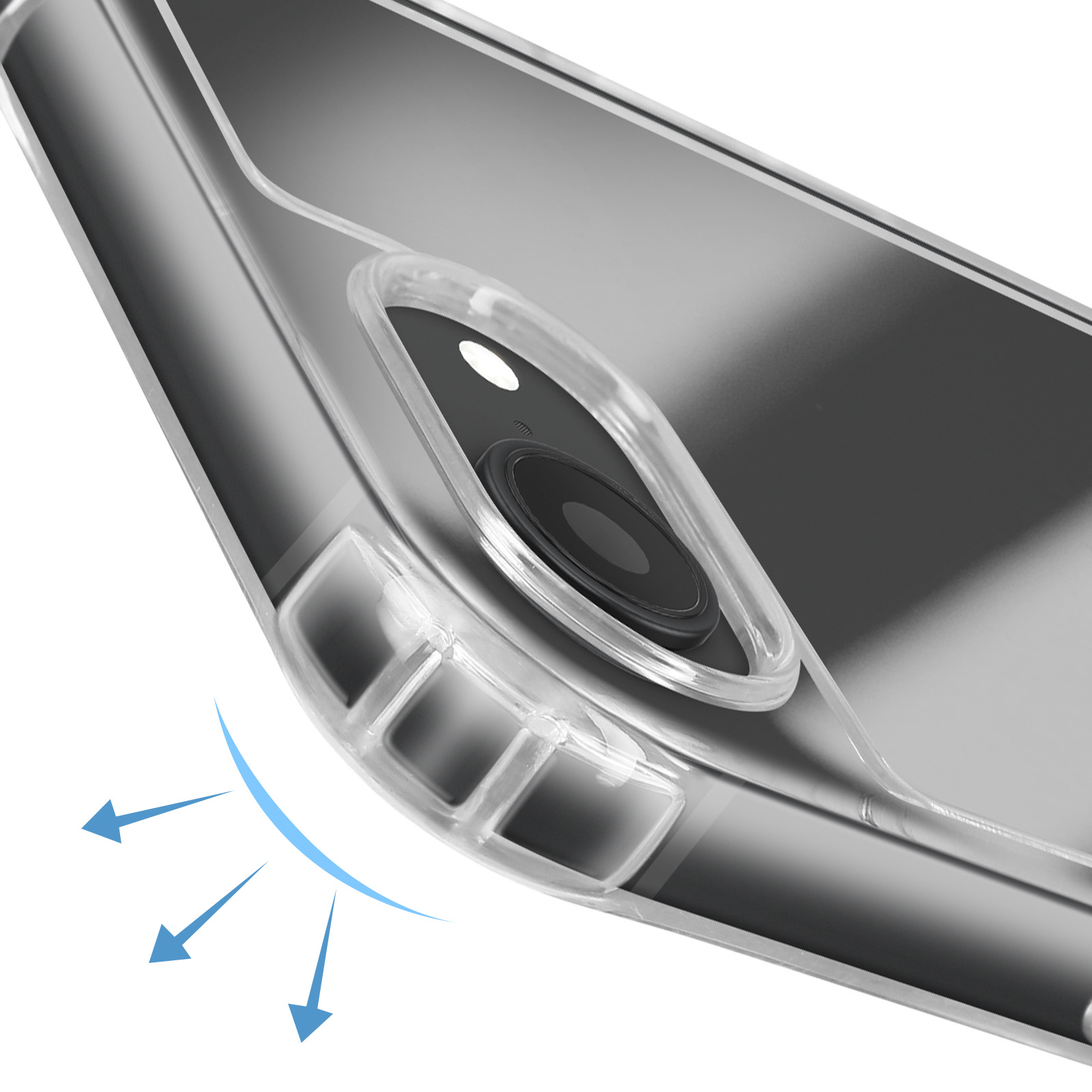 Gros plan d'une coque de téléphone avec un design protecteur transparent. Des flèches indiquent la résistance aux chocs. Fond blanc.