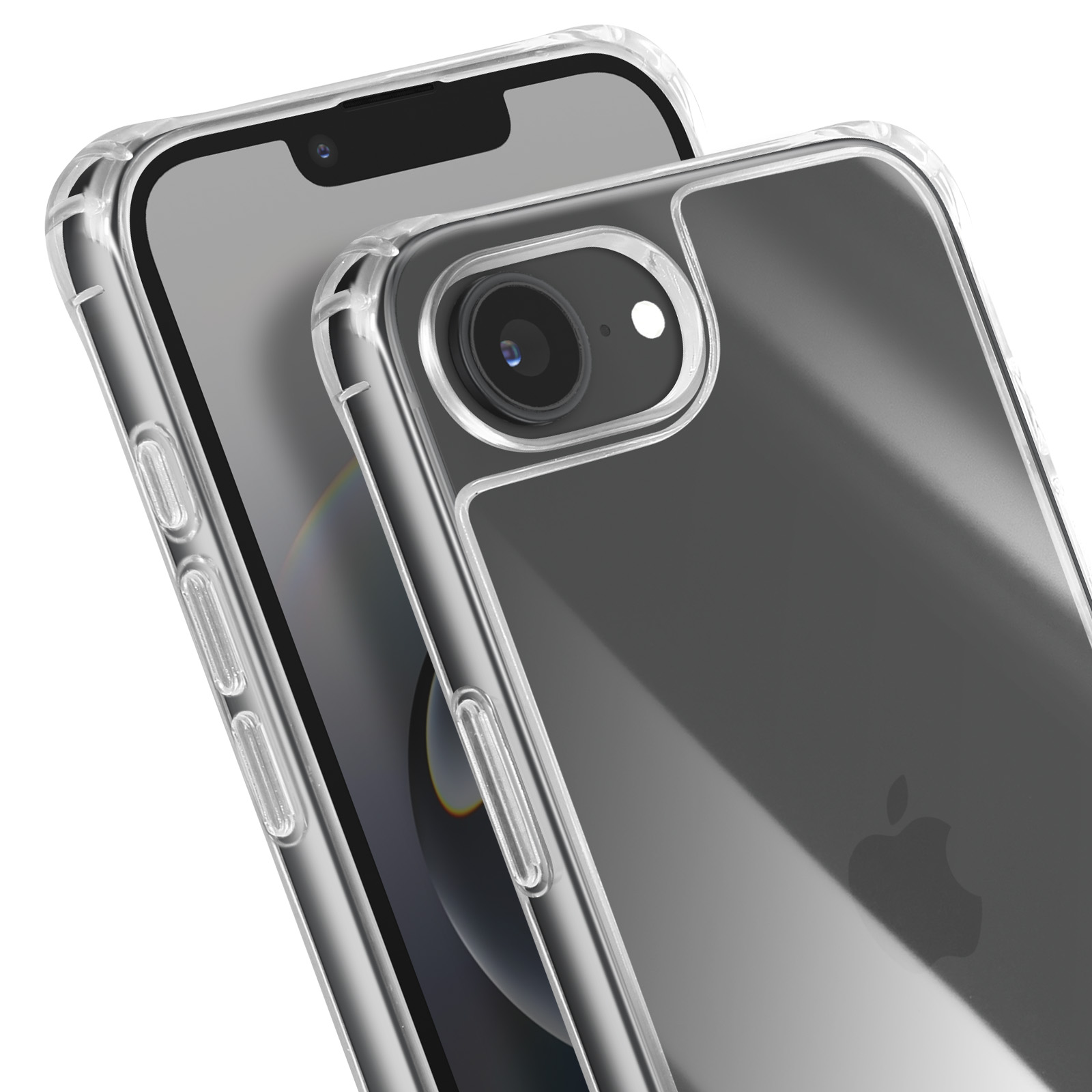 Gros plan d'un téléphone dans un étui transparent. L'appareil photo et le logo sont visibles. Fond blanc.