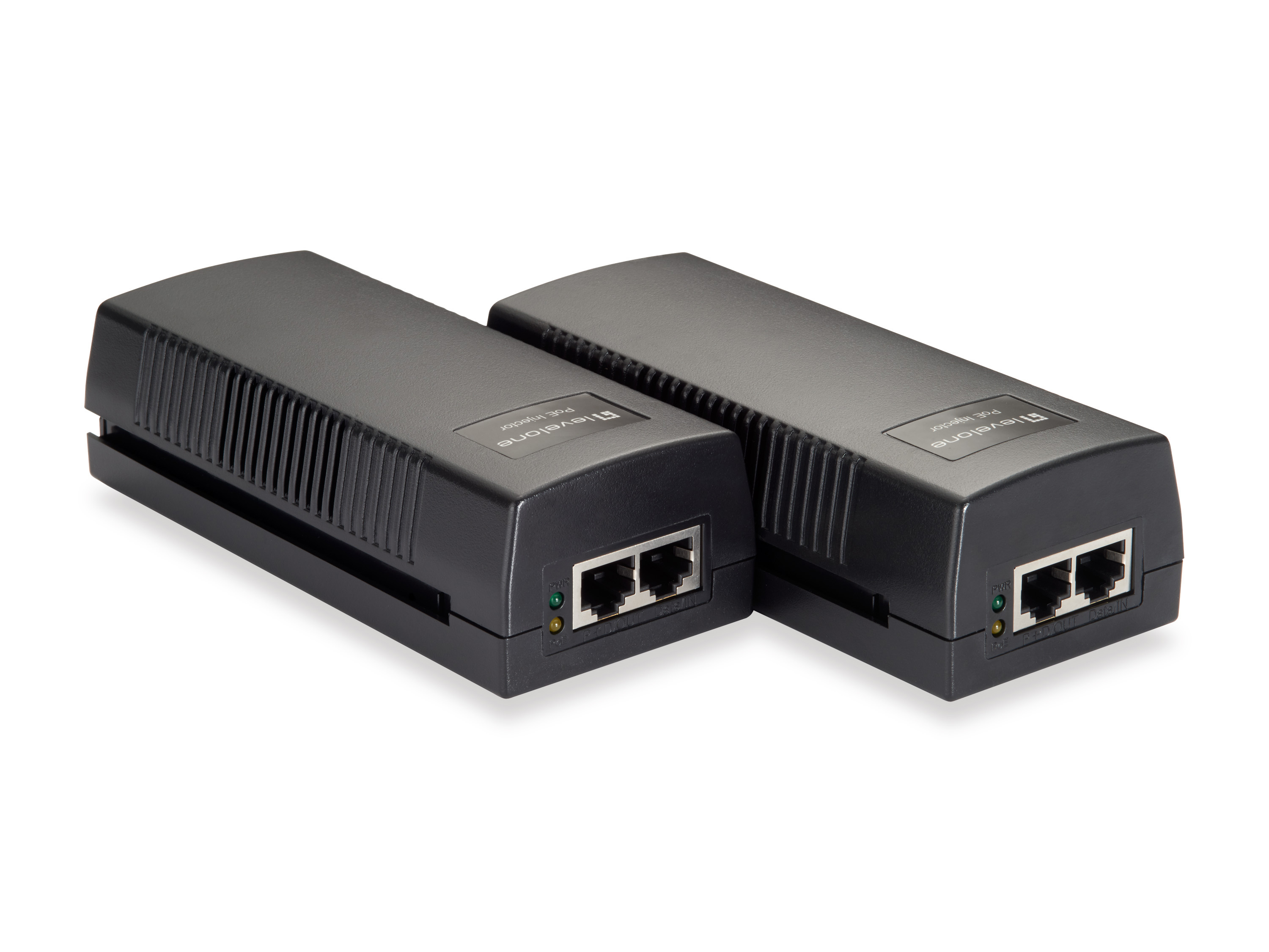 Due iniettori PoE neri su sfondo bianco. Hanno porte Ethernet e spie luminose sulla parte anteriore.