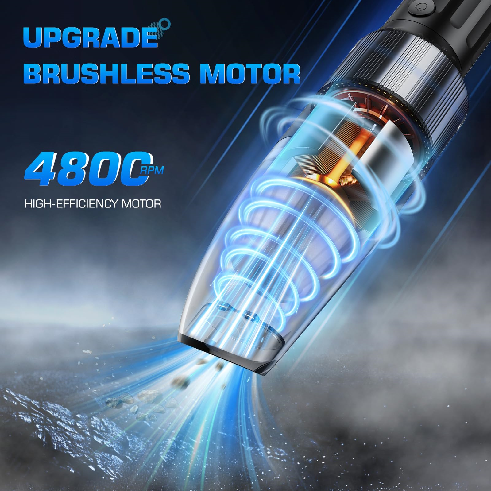 Staubsauger mit blauem Lichteffekt, zeigt interne Komponenten. Text: Upgrade Brushless Motor, 4800 U/min.