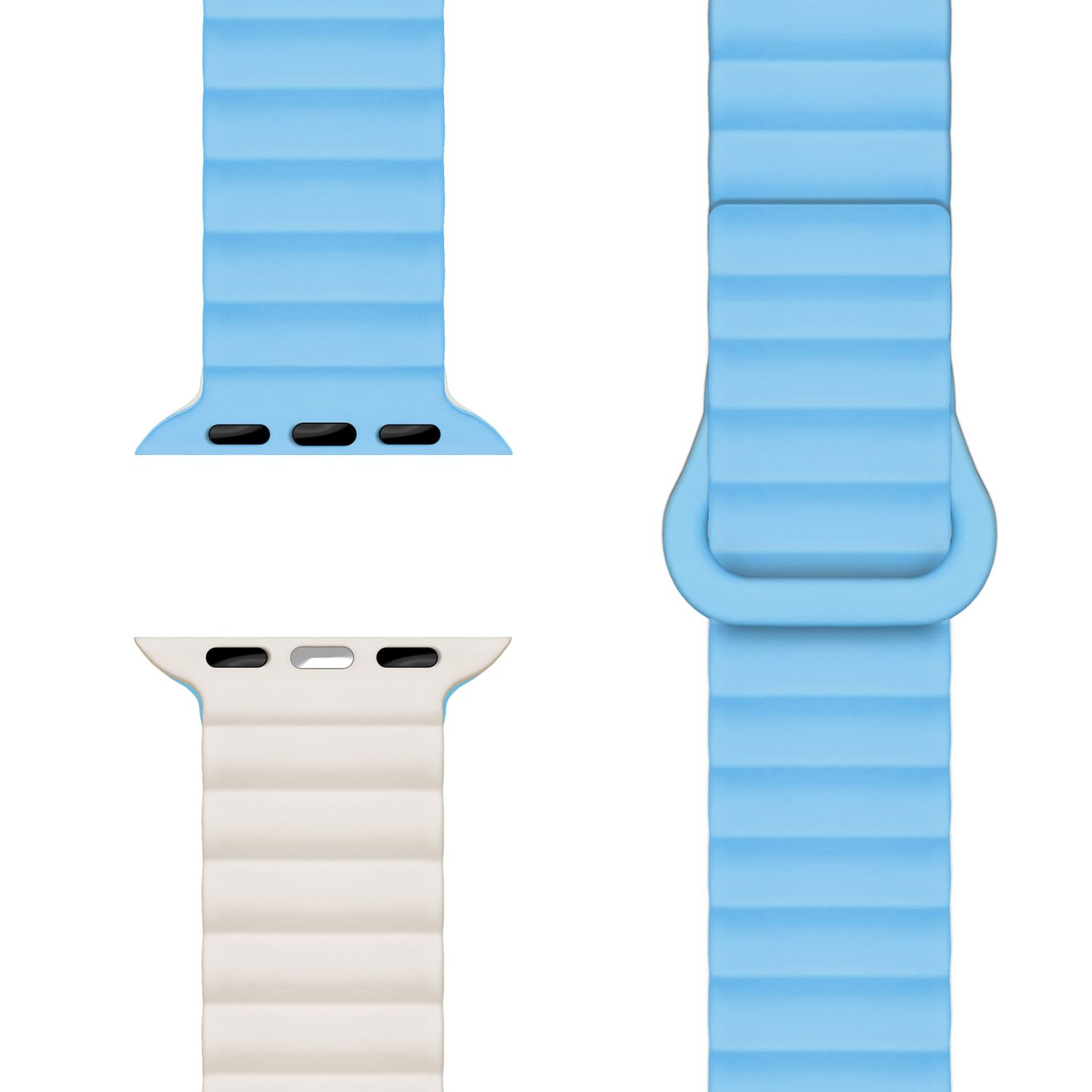 Drei Nahaufnahmen eines hellblauen Apple Watch-Armbands. Das Band hat ein geripptes Design.