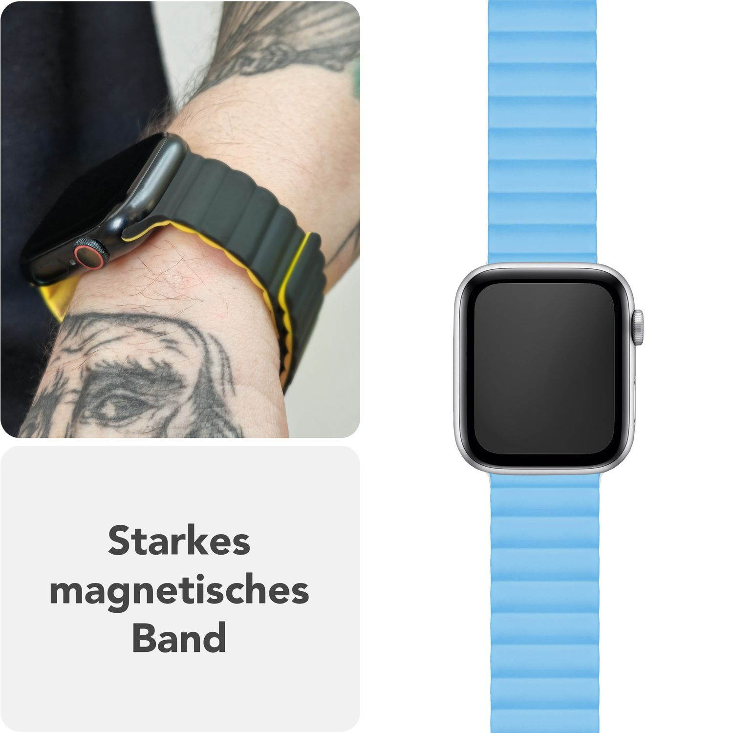 Handgelenk und Uhr. Die Uhr hat ein schwarzes Zifferblatt mit gelbem Band. Das hellblaue Band ist separat.