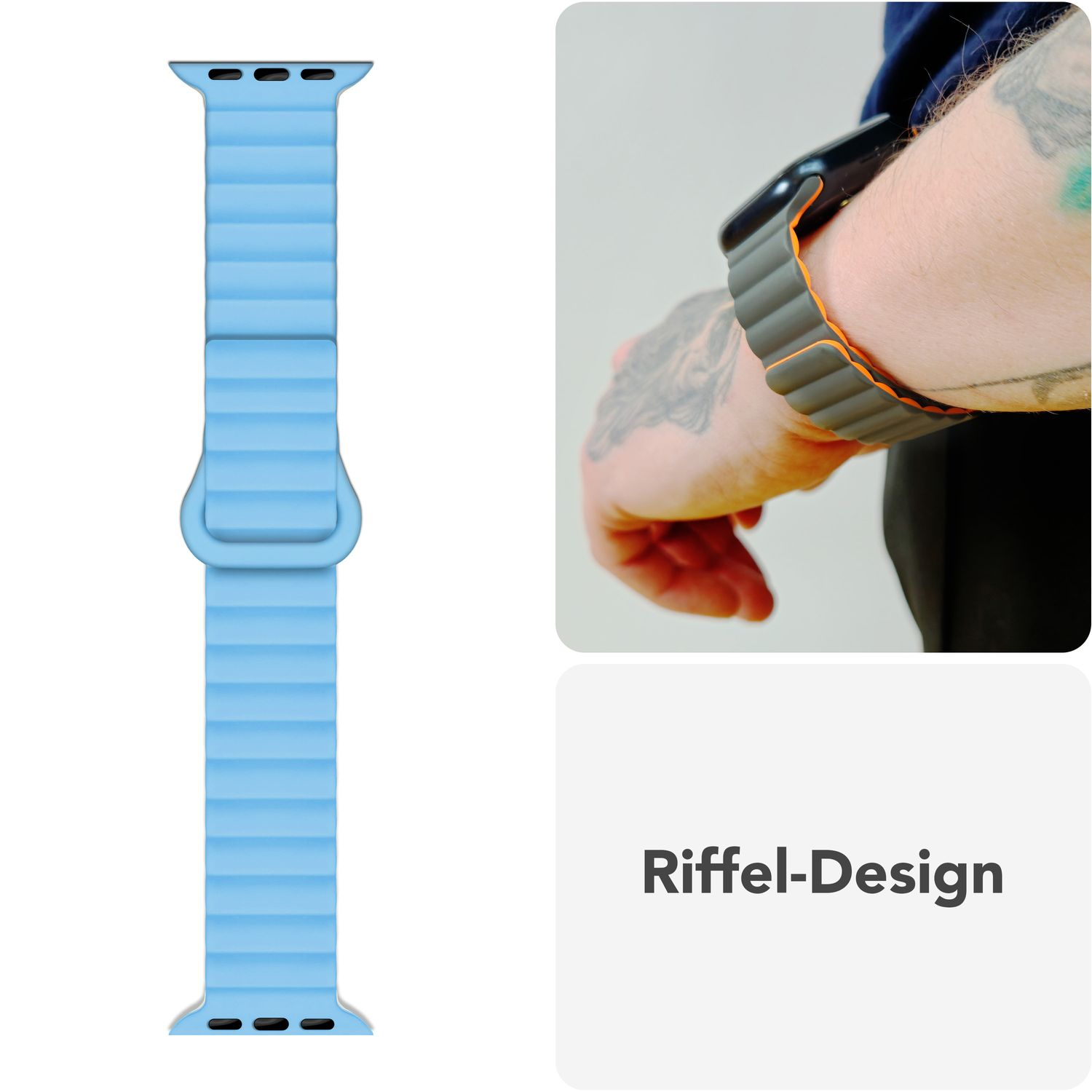 Hellblaues Armband und ein Arm mit einer Uhr mit grauem Armband. Text: Riffel-Design.