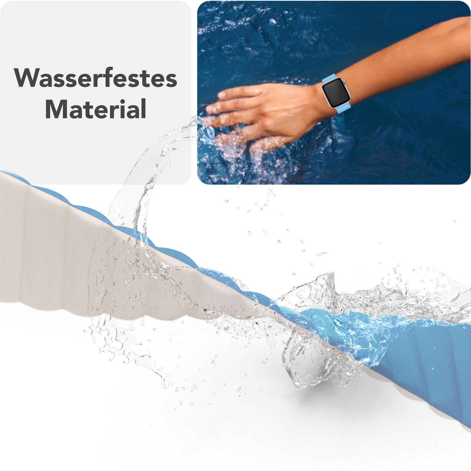 Eine Person mit einer Apple Watch im Wasser. Die Uhr hat ein blaues Armband. Text: "Wasserdichtes Material".