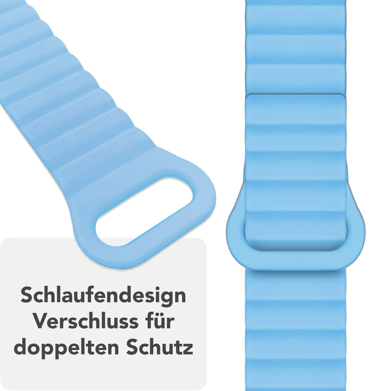 Nahaufnahme eines Apple Watch-Armbands. Es ist blau und hat ein geripptes Design. Text: "Schlaufendesign für doppelten Schutz".