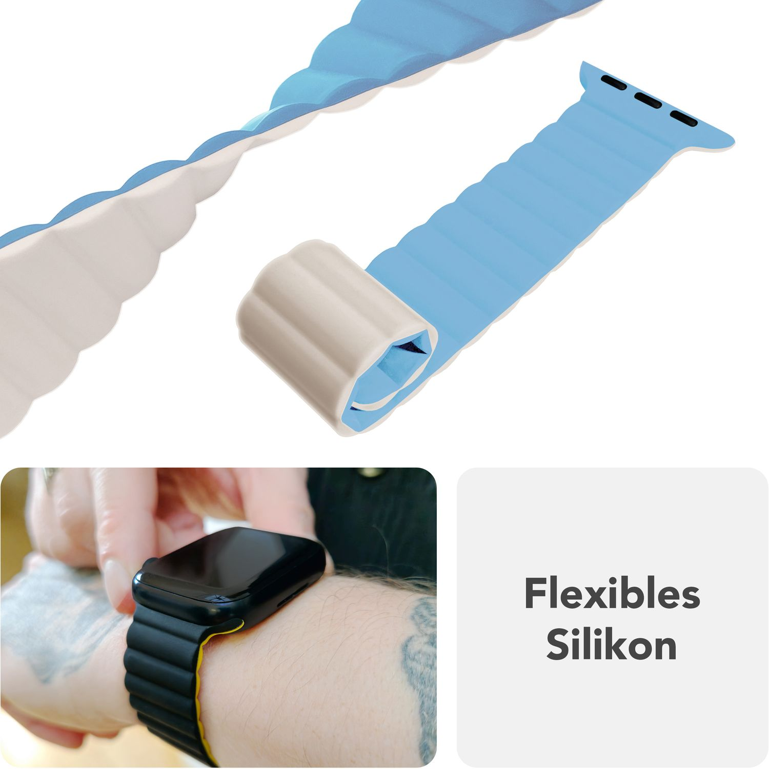 Ein Apple Watch-Armband wird aufgerollt. Es ist blau und hat ein geripptes Design. Text: "Flexibles Silikon".
