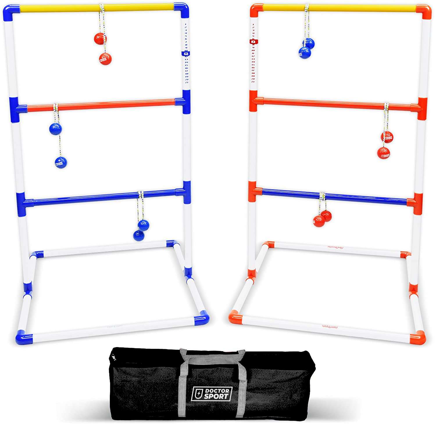Zwei Leiterballspiel-Sets. Sie sind weiß mit farbigen Akzenten. Unten befindet sich eine schwarze Tragetasche.