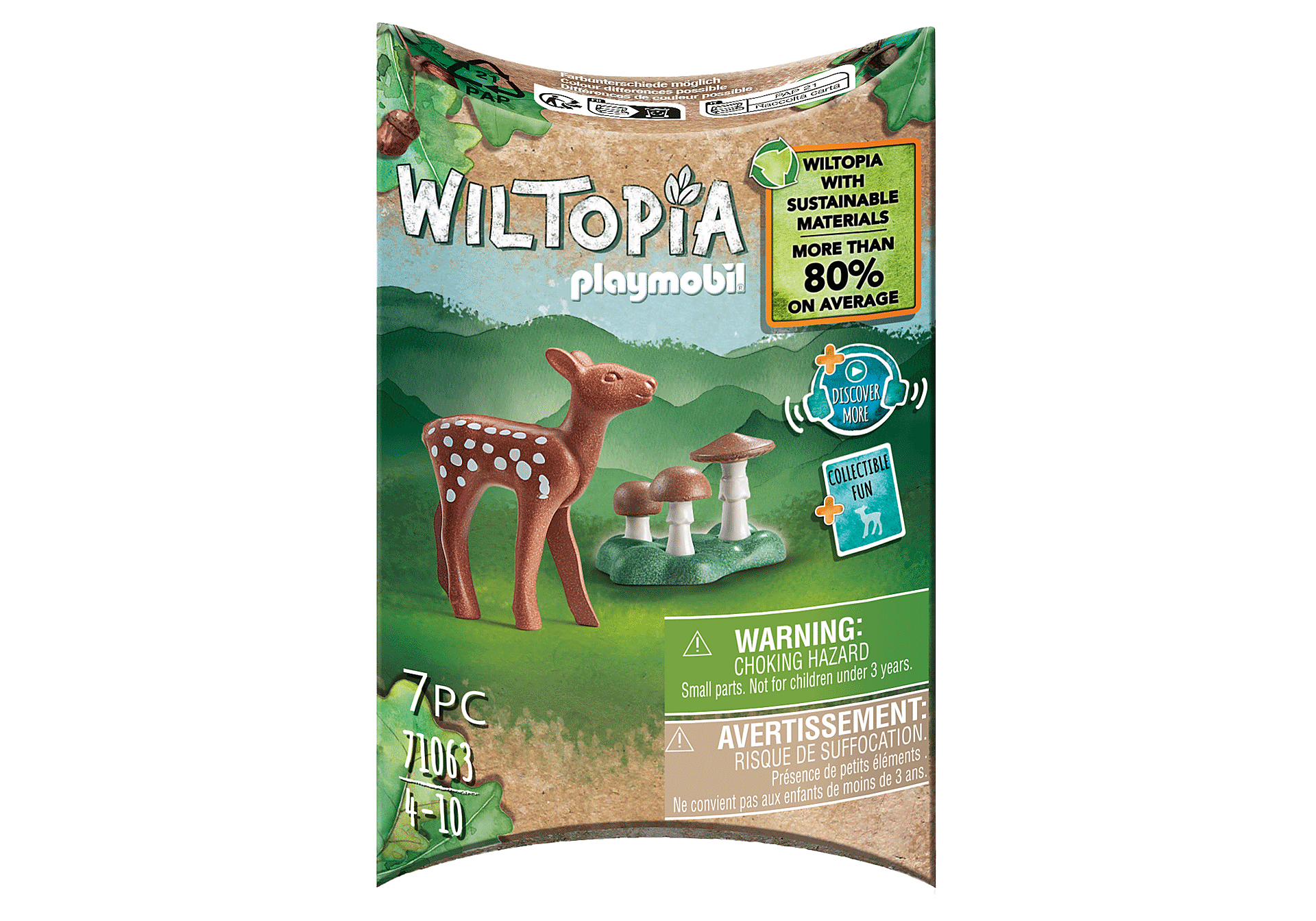 Playmobil box set with deer and mushrooms. Text indicates over 80% sustainable materials.