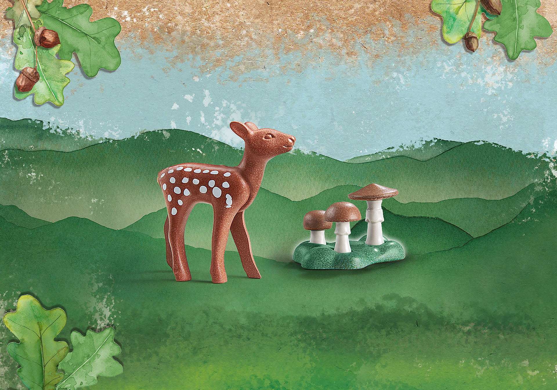 A brown deer toy with white spots stands near brown mushrooms on green base.