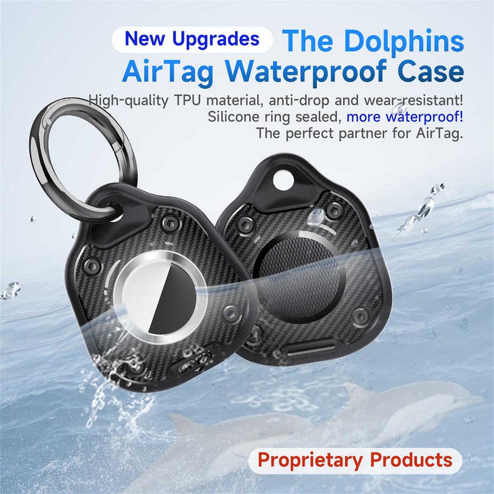Schwarzes wasserdichtes AirTag-Gehäuse mit silbernem Ring. Zwei Gehäuse werden angezeigt.