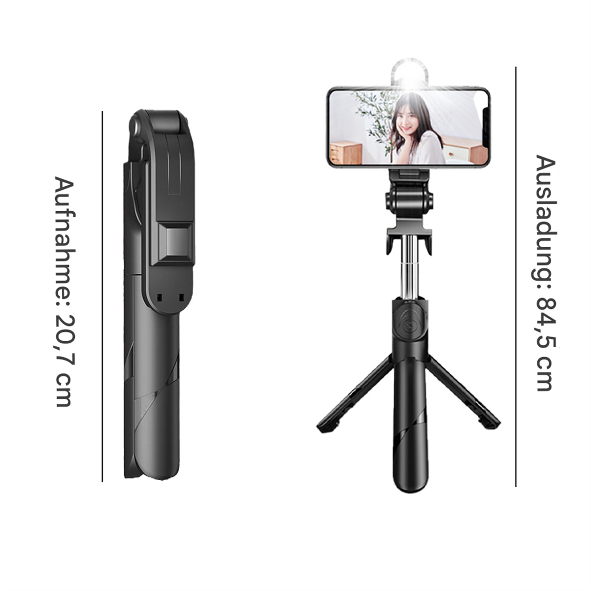 Schwarzer Selfie-Stick, gefaltet und ausgezogen, mit Abmessungen. Ein Telefon ist am ausgezogenen Stick befestigt.