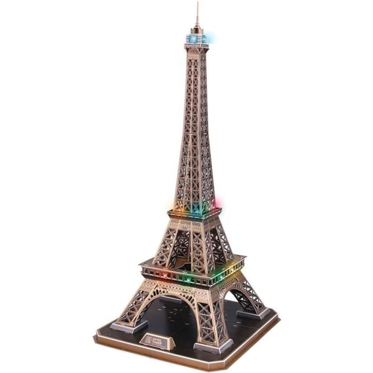 Modello della Torre Eiffel con luci multicolori. Si trova su una base nera.