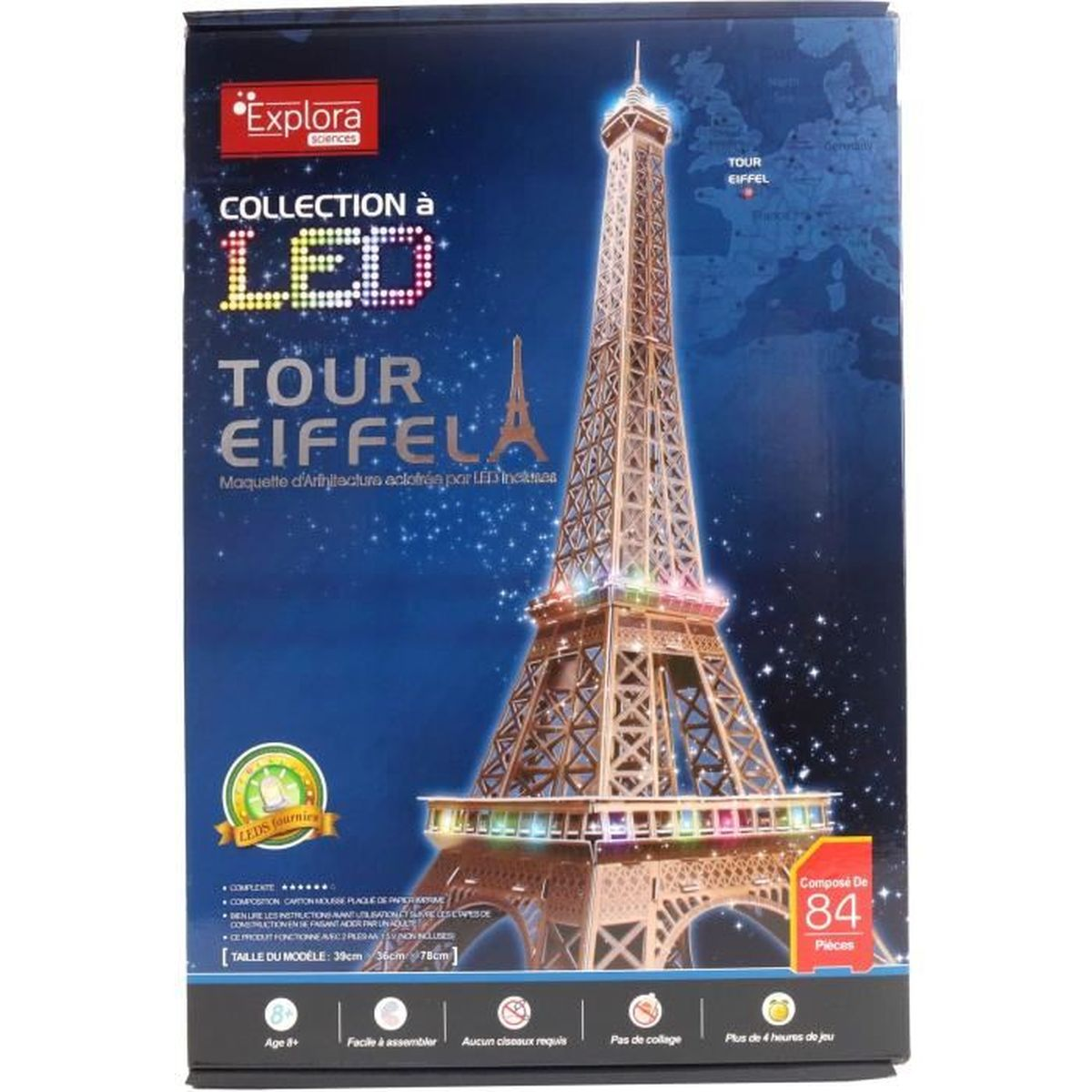 Scatola del kit modello della Torre Eiffel con luci a LED. Mostra un'immagine della torre.