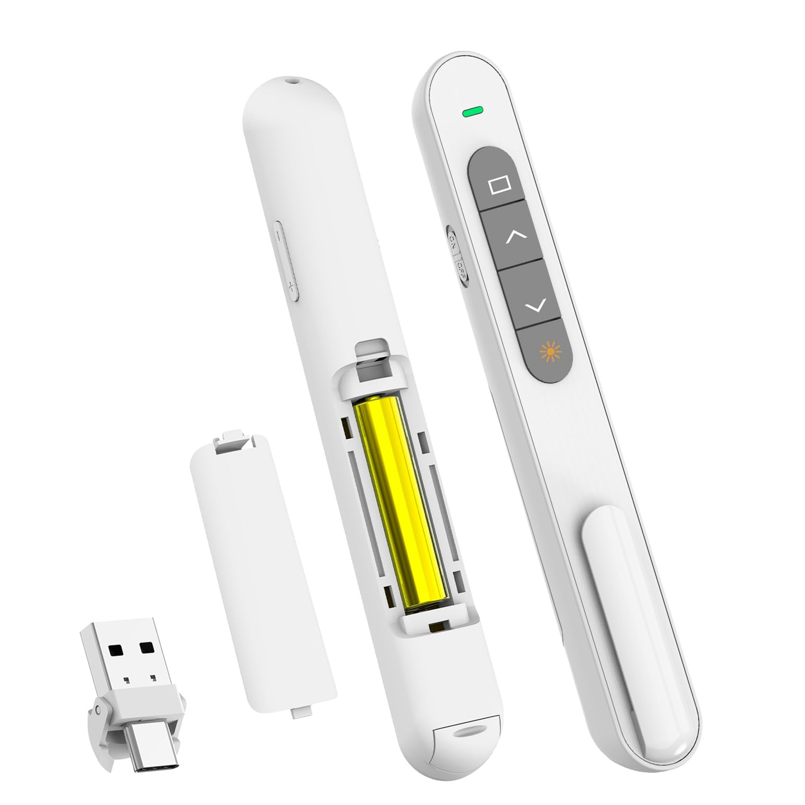 Un telecomando per presentazioni bianco con scomparto batteria aperto, che mostra una batteria e un ricevitore USB.