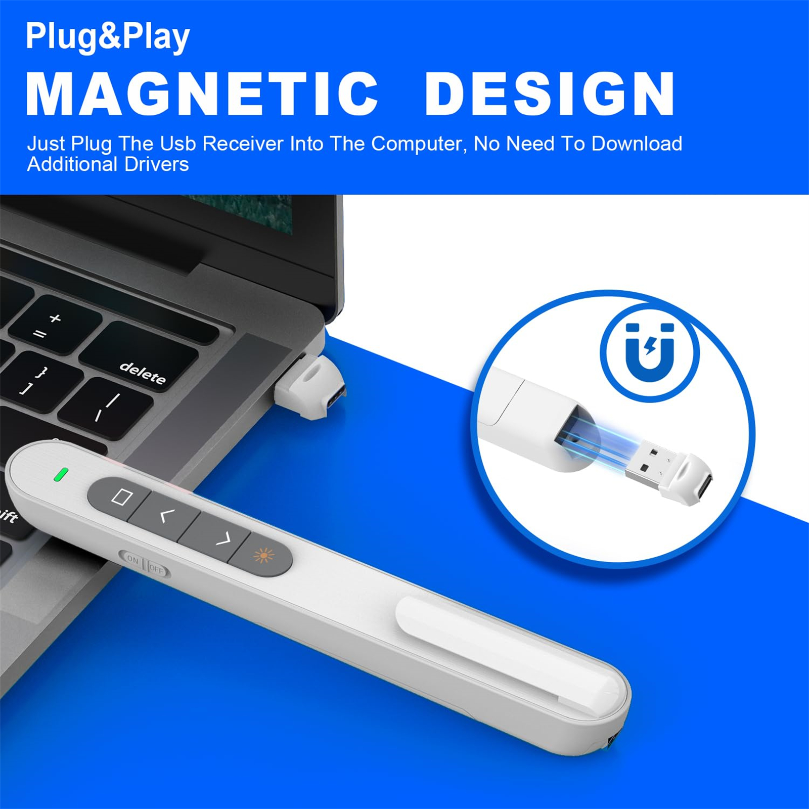 Telecomando di presentazione bianco e argento con ricevitore USB.