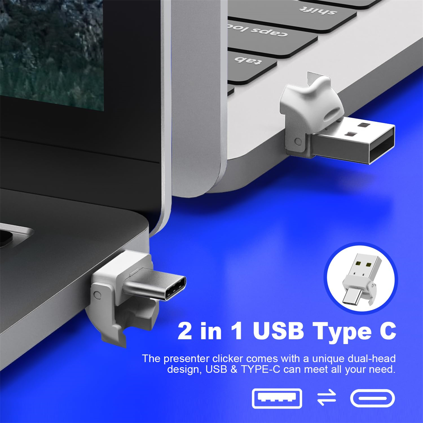 Adattatore USB-C con estremità USB-A e USB-C. È accanto a un laptop.