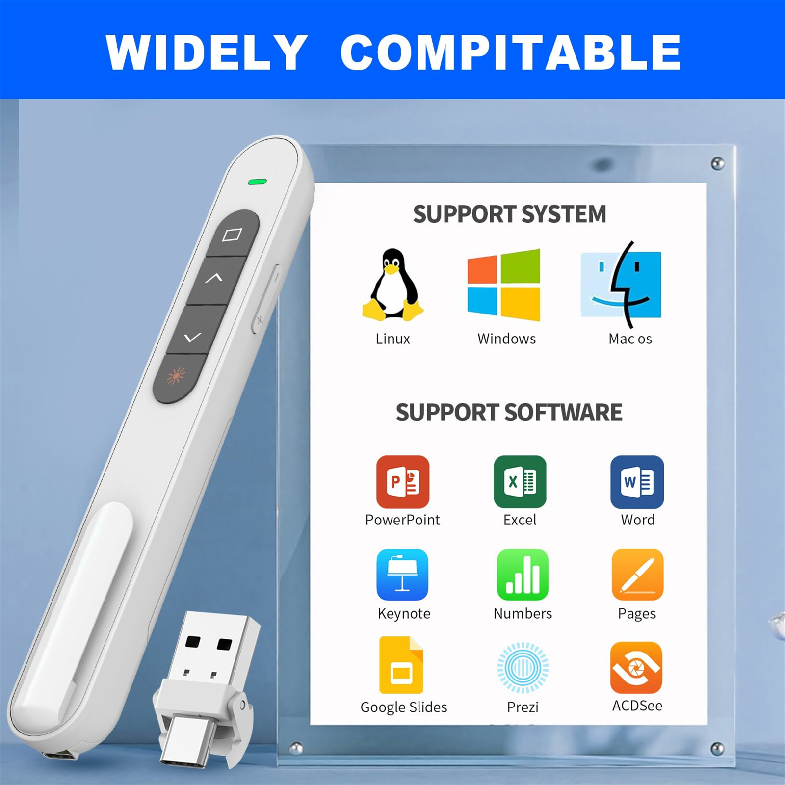 Un presentatore bianco con pulsanti e un ricevitore USB, accanto a un elenco di software supportati.