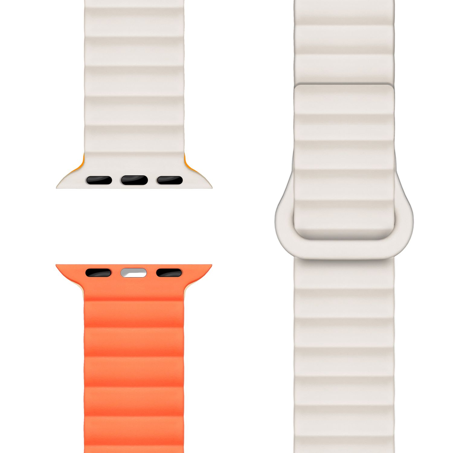 Nahaufnahme von Apple Watch-Armbändern: weiß und orange.