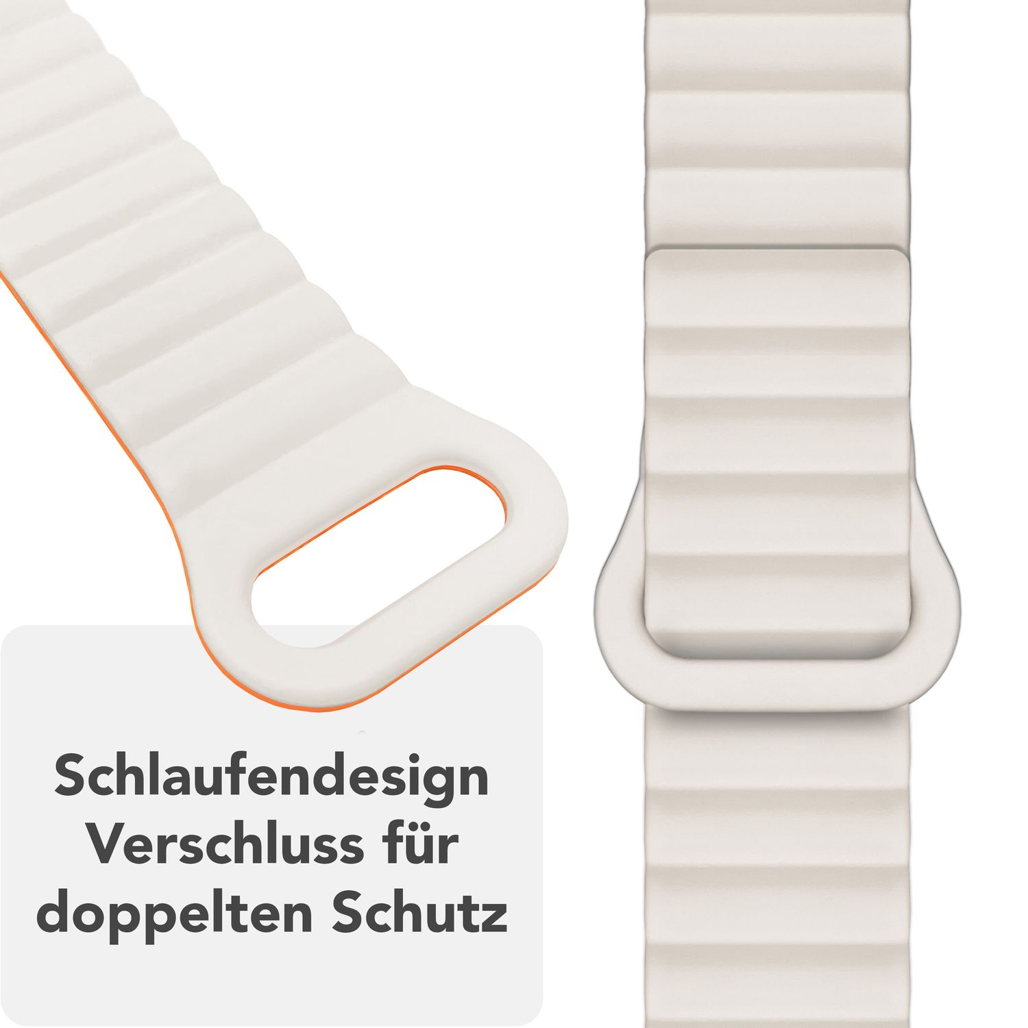 Weißes Uhrenarmband mit orangefarbenen Akzenten, das das Verschlussdesign zeigt. Text: Schlaufen Design...