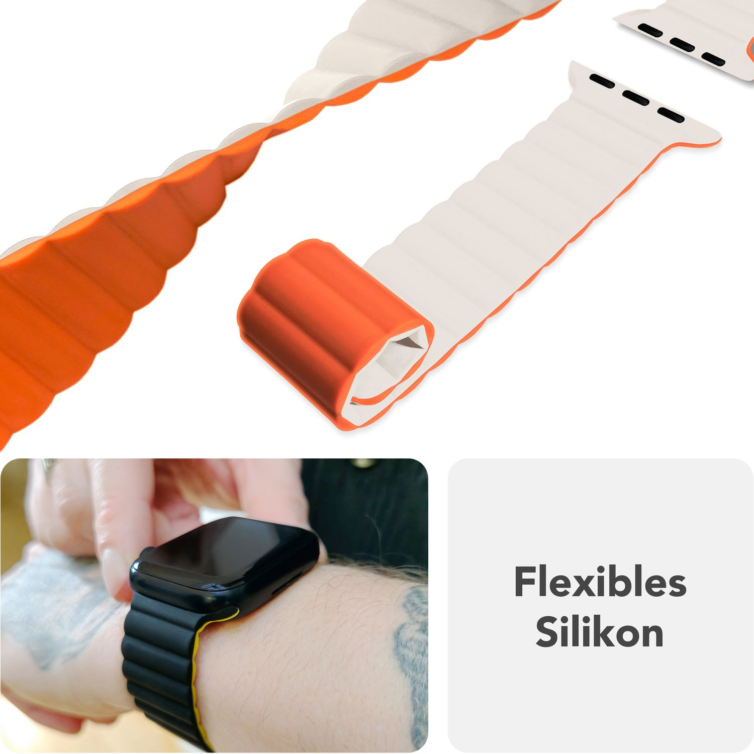 Apple Watch-Armband aufgerollt, orange und weiß, schwarze Uhr.