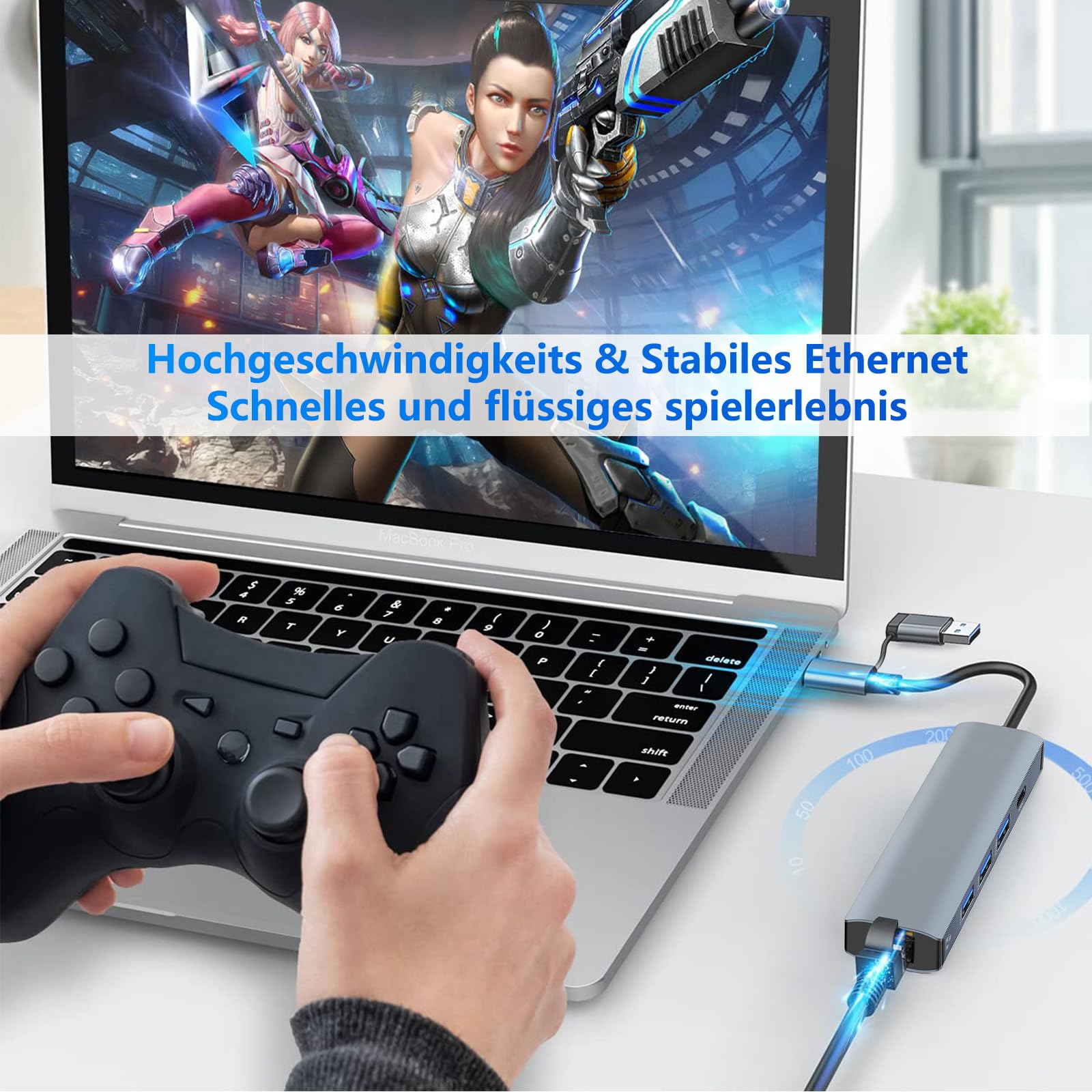 Ein Laptop, der mit einem Hub und einem Gaming-Controller verbunden ist. Anzeige zeigt eine Spielszene. Text: High-Speed & stabiles Ethernet.