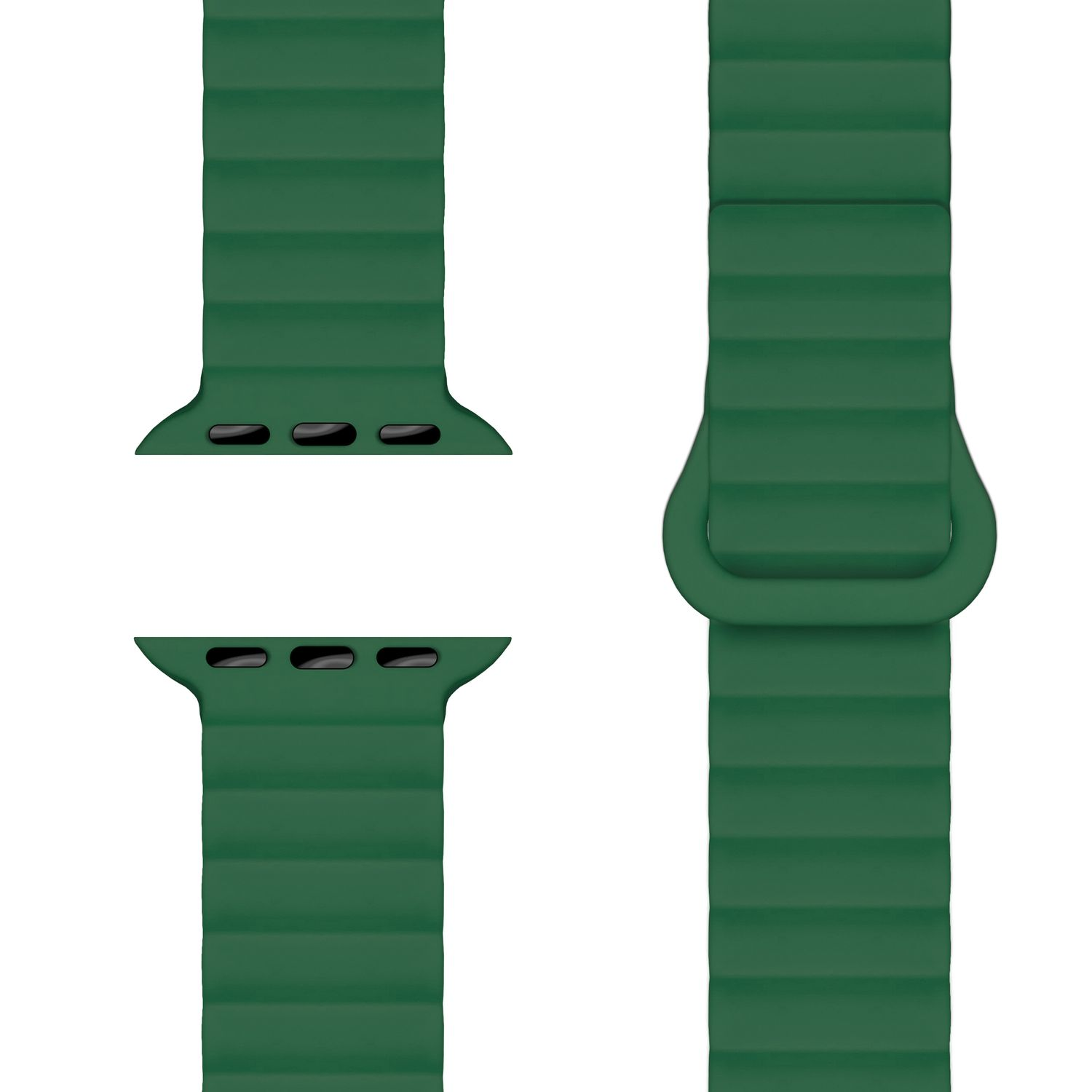 Zwei Teile eines grünen Uhrenarmbands, die den Magnetverschluss und das Banddetail zeigen.