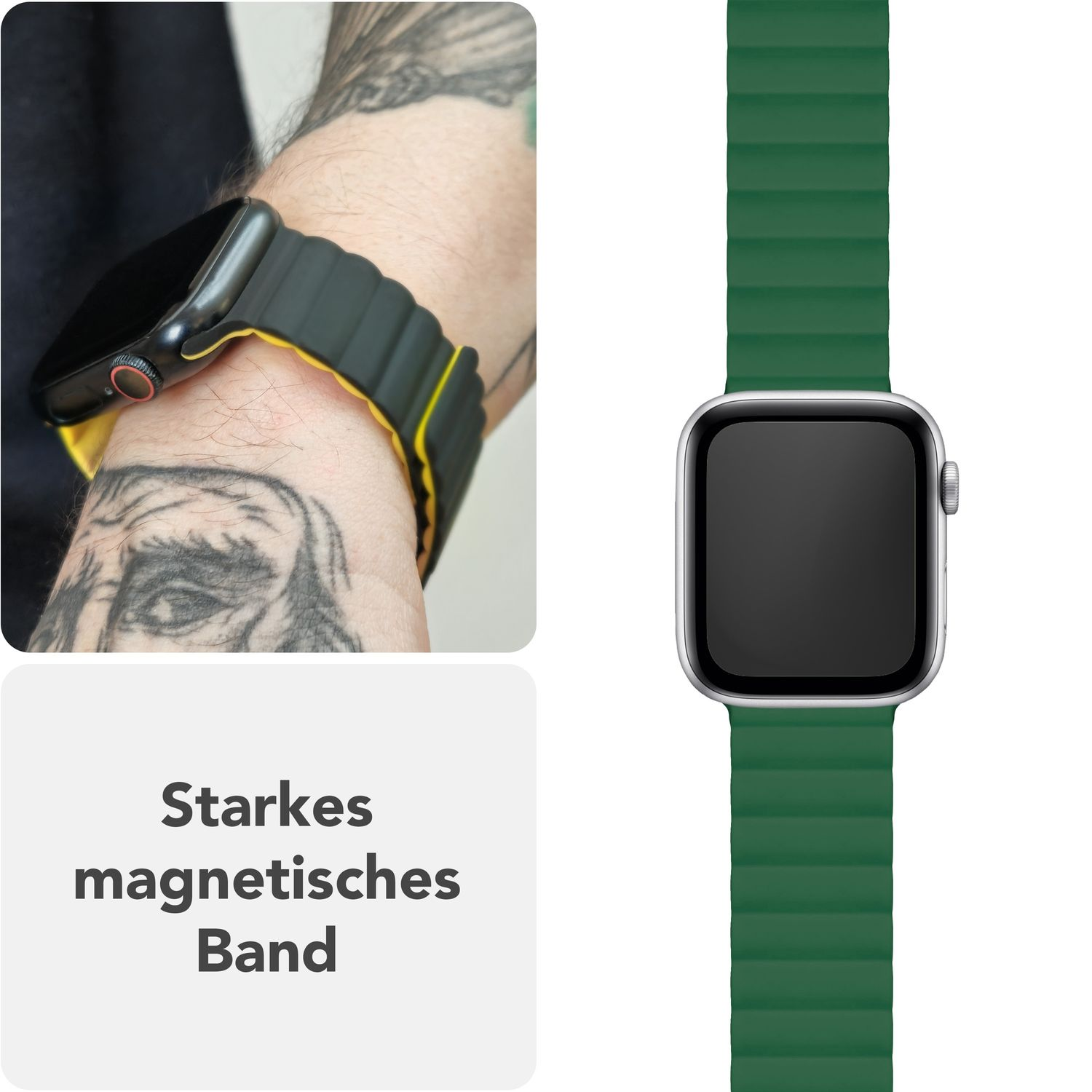 Eine Person, die ein dunkelgrünes magnetisches Uhrenarmband am Handgelenk trägt. Die Uhr ist schwarz und gelb.
