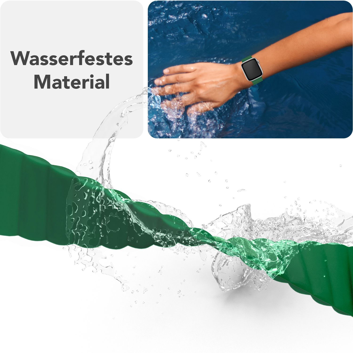 Grünes Uhrenarmband im Wasser und an einem Handgelenk. Text: Wasserdichtes Material.
