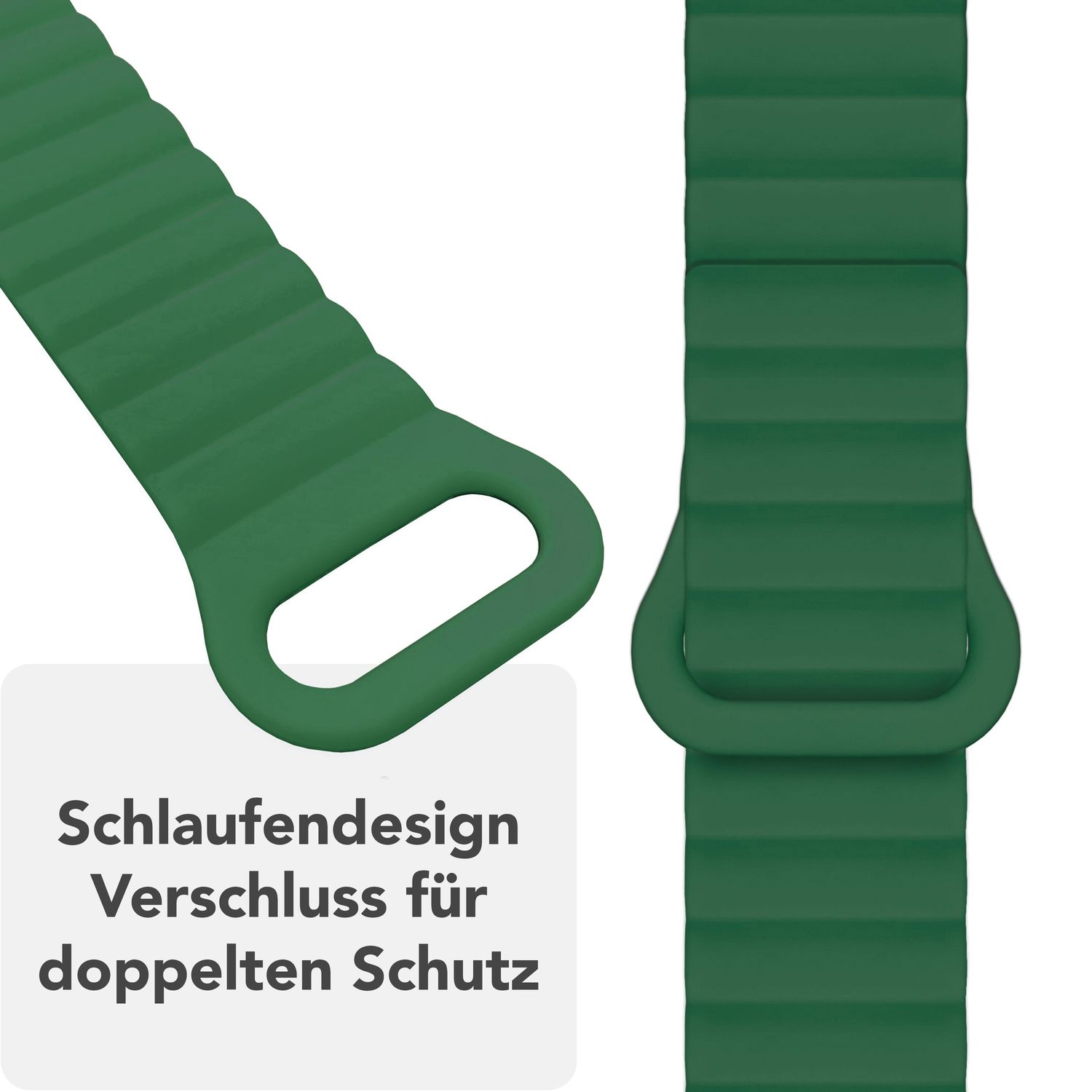 Zwei grüne Uhrenarmbänder. Das linke ist abgenommen und zeigt ein Schlaufendesign für doppelten Schutz.