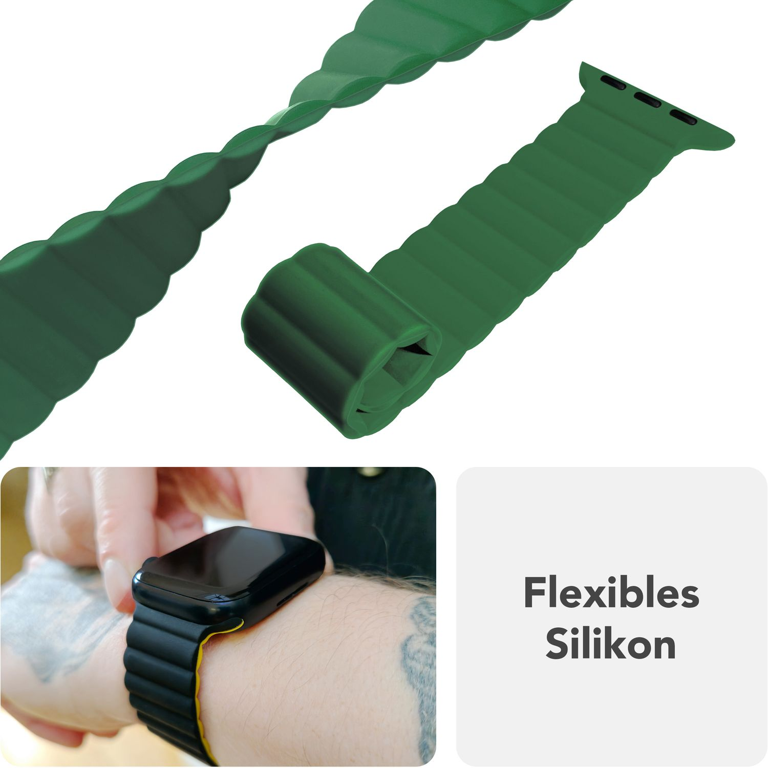 Ein grünes, flexibles Silikon-Uhrenarmband, aufgerollt. Das Band liegt auf einer weißen Oberfläche.