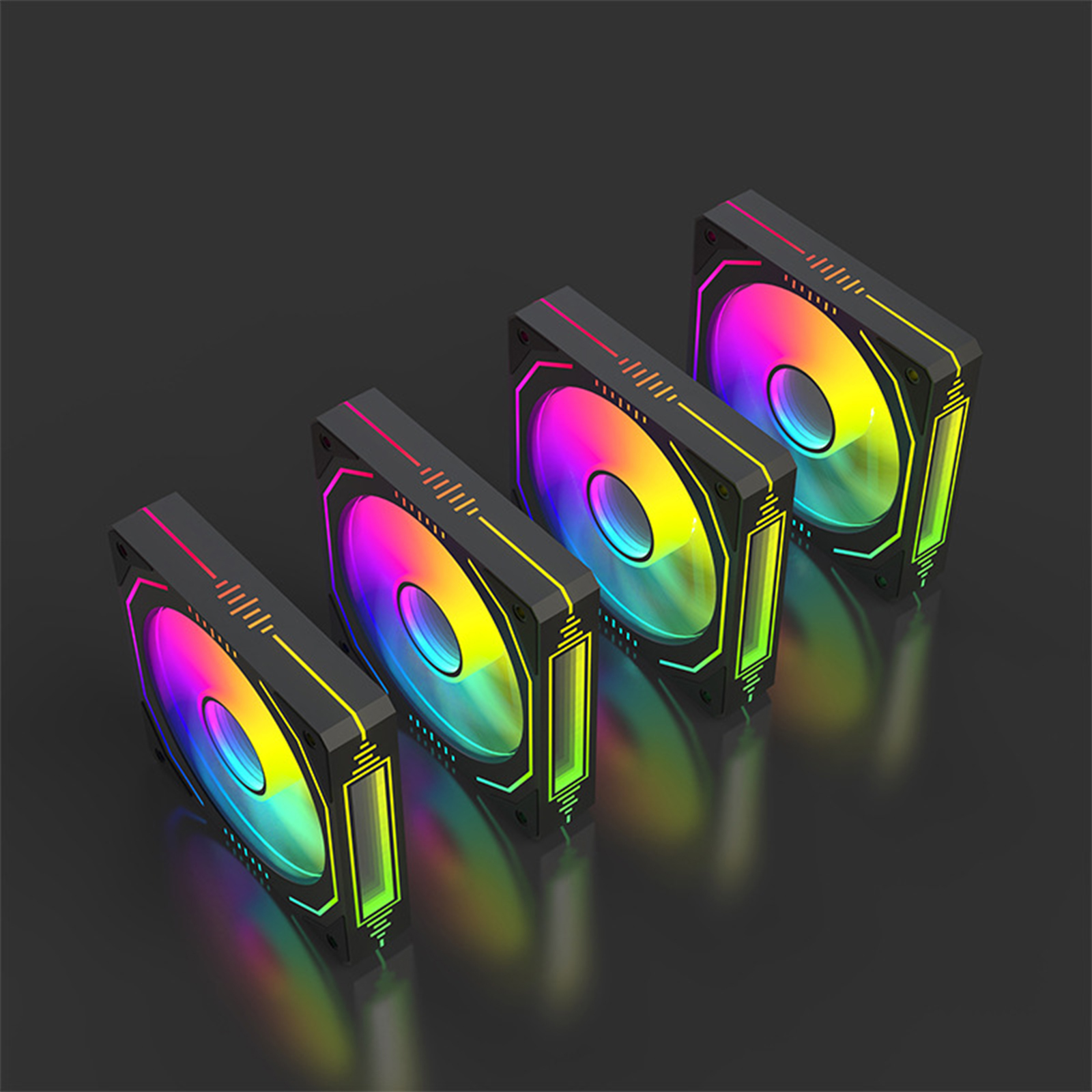 Vier Computerlüfter mit farbenfrohen LED-Leuchten, schwarze Rahmen.