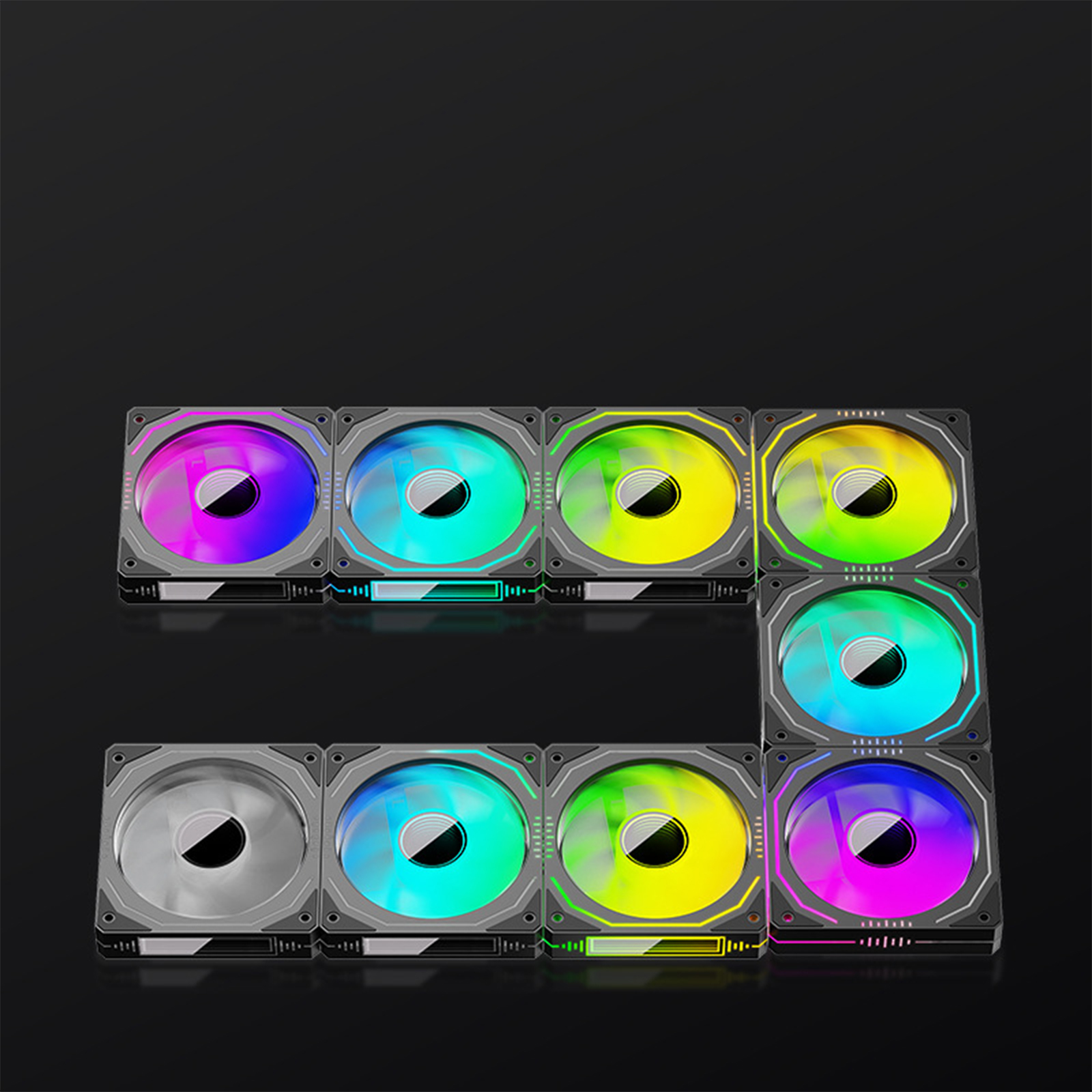 Neun RGB-Lüfter in L-Form angeordnet, die verschiedene Farben wie Pink, Grün, Gelb und Blau anzeigen.