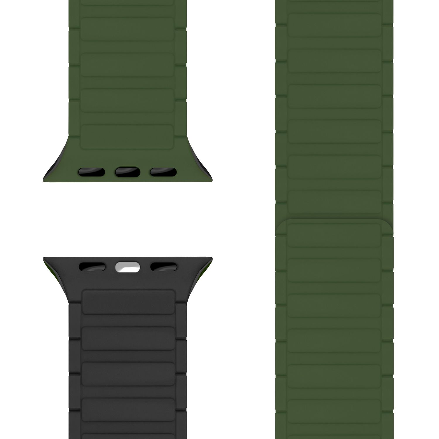 Zwei Teile eines grünen Uhrenarmbands, eines ist mit einem schwarzen Band verbunden.