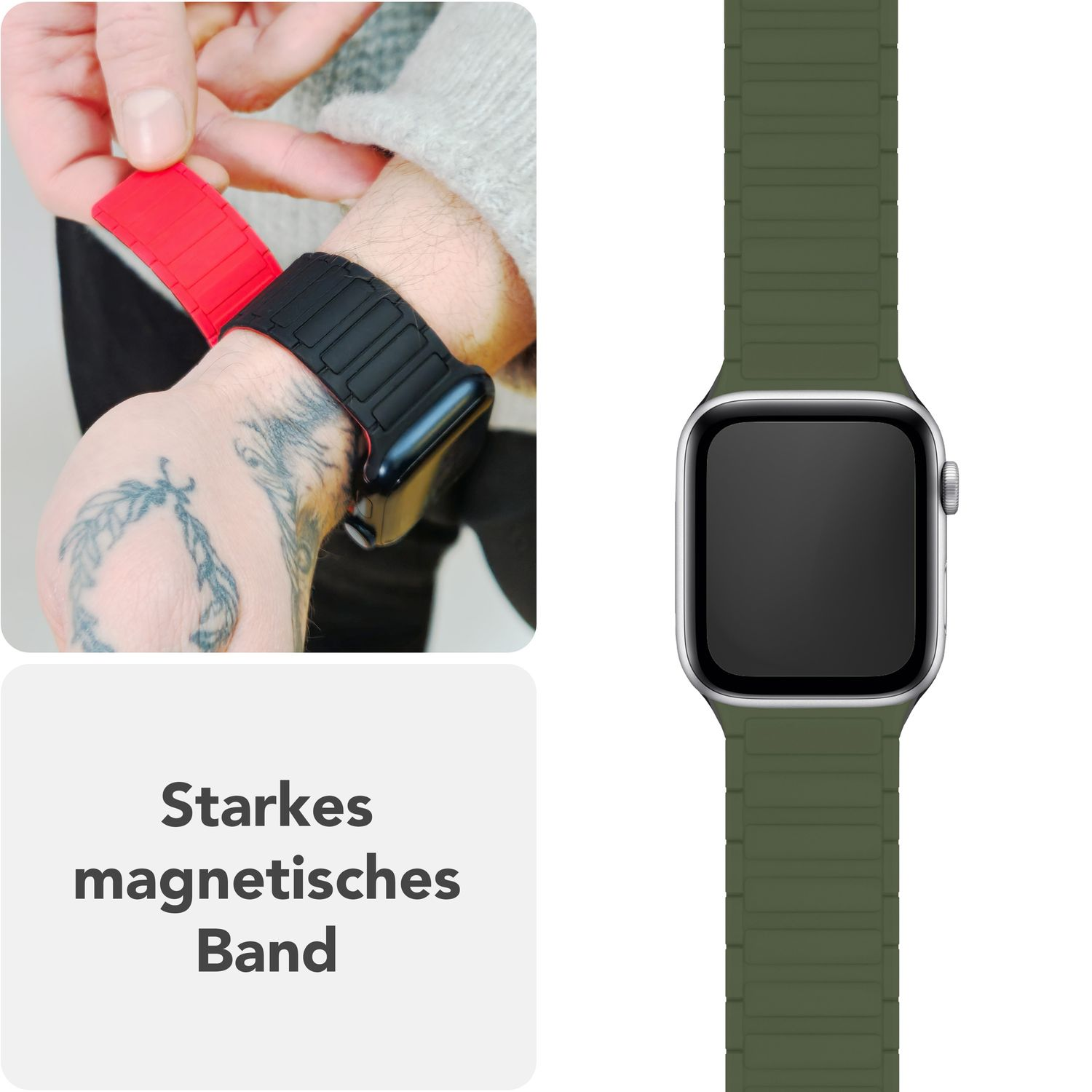 Eine Hand hält ein rotes Armband neben einem olivgrünen Armband und Apple Watch. Text: Starkes Magnetband.