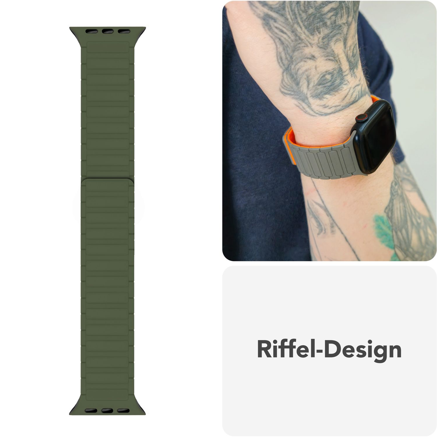 Apple Watch Armband, olivgrün und grau, mit Uhr am Handgelenk.
