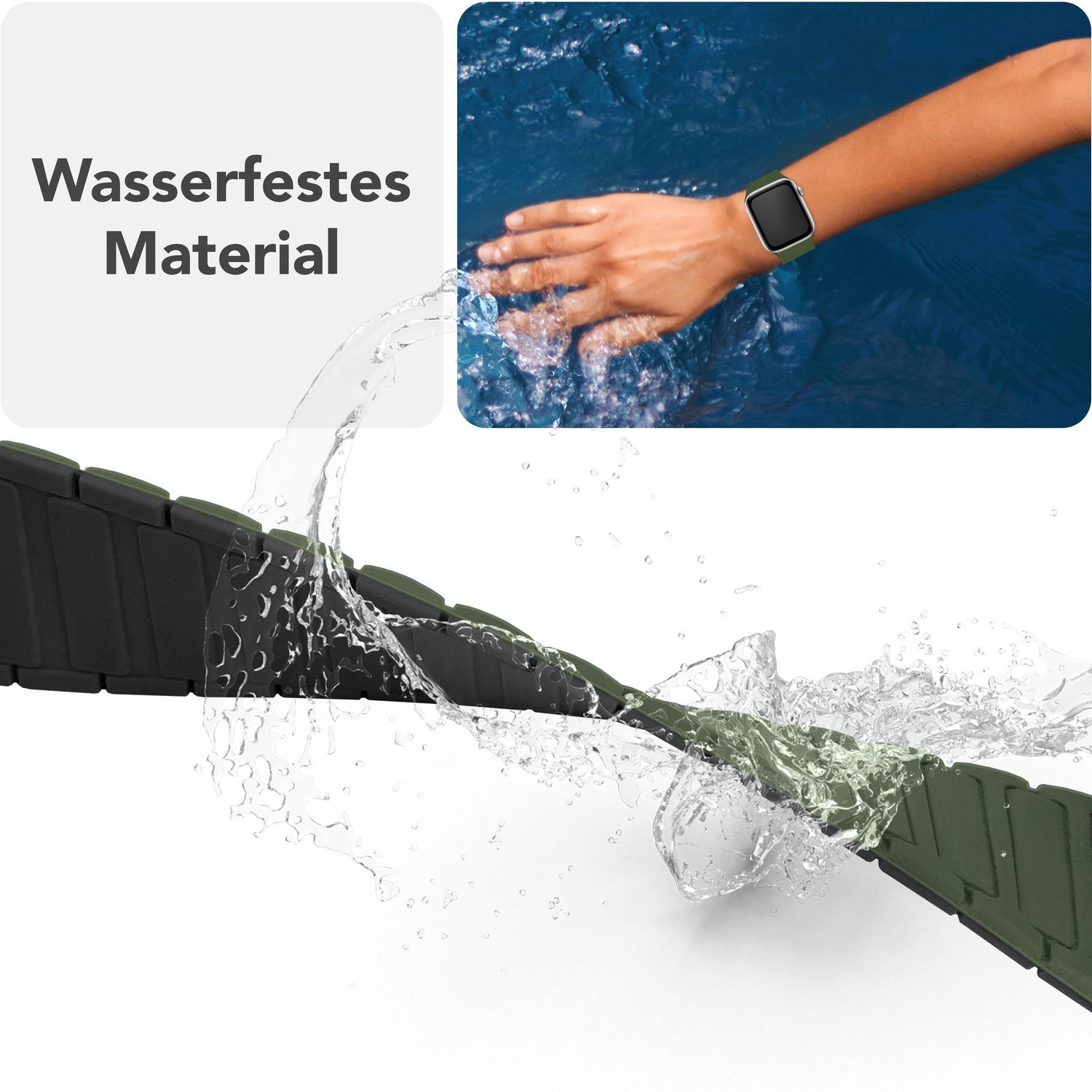 Ein grünes Uhrenarmband mit Wassertropfen. Die Hand einer Person mit einer Uhr ist gezeigt.